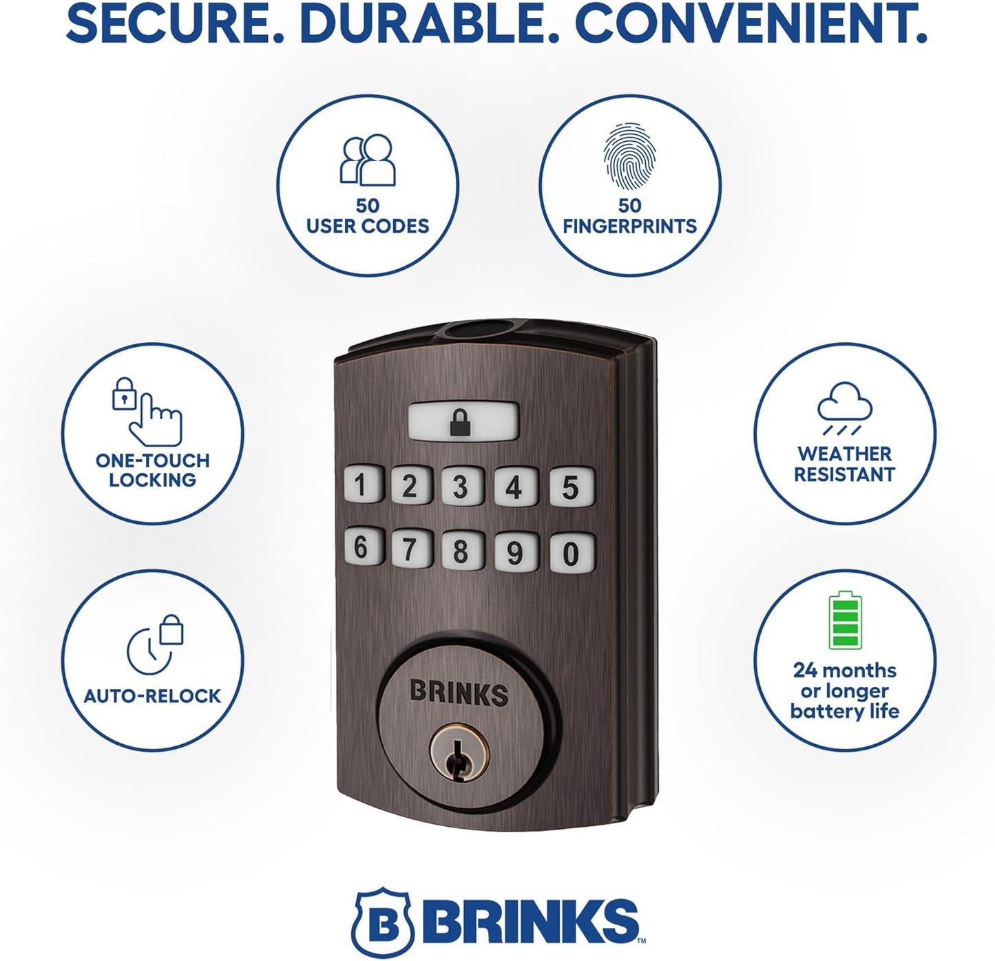BRINKS Security Door Locks, High-Security Keyless Entry, Smart Electronic Door Lock with Deadbolt, Up to 50 Codes, Automatic Locking (Deadbolt & Passage Knob, Tuscan Bronze)