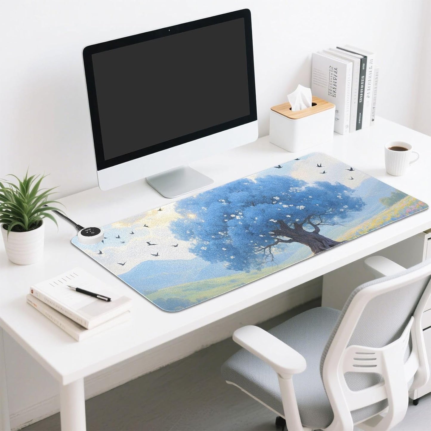 Large Heated Mouse Pad,Leather Desk Mat,31.5"x13",Hand Warmer Pads for Desk,Scenery Tree Flower(Blue)