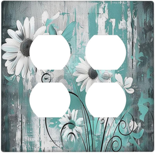Outlet Covers Teal Daisy Floral Vintage Wood Plank 2 Gang Double Duplex Decorative Light Switch Covers Electrical Wallplates Socket Faceplate For Farmhouse Cabin Decor