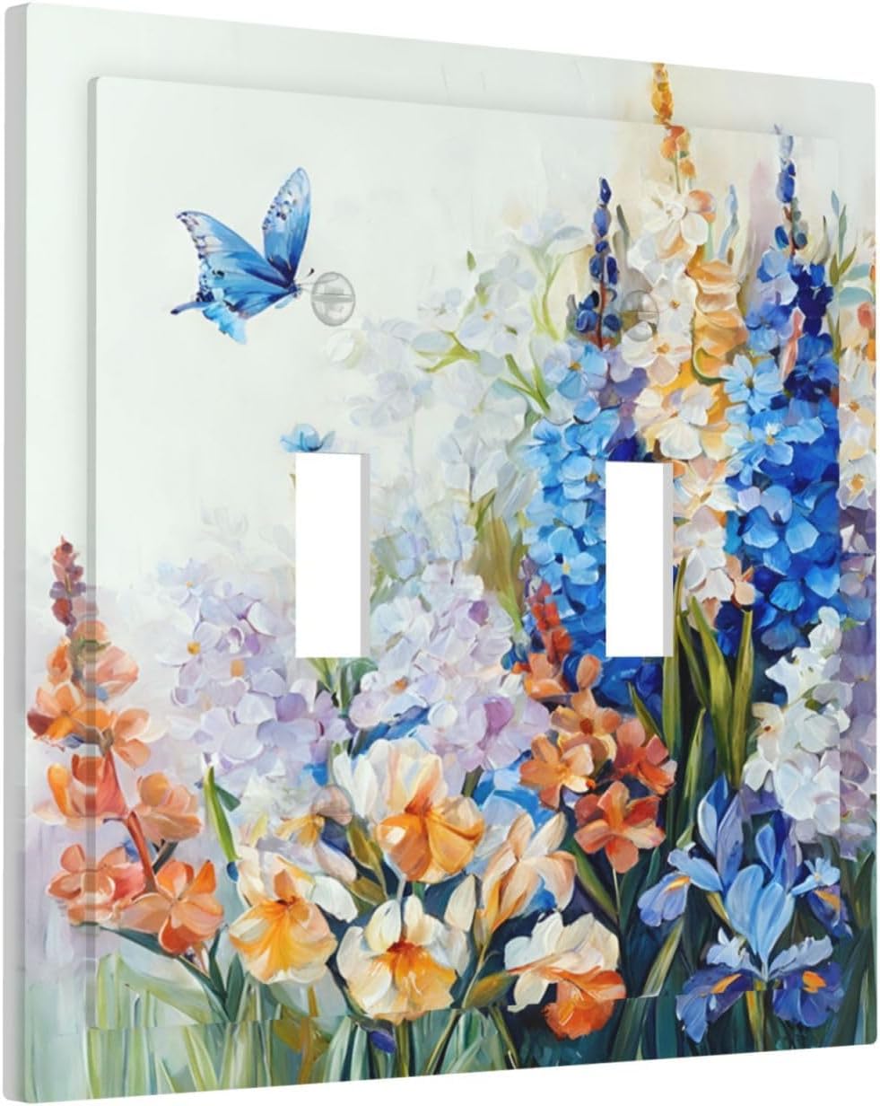 Decorative Light Switch Plate Covers Rustic Colorful Floral Garden Flowers 2 Gang Light Switch Cover Plate Unique Double Toggle Wall Plate Outlet Covers Faceplate for Bedroom Home Decor