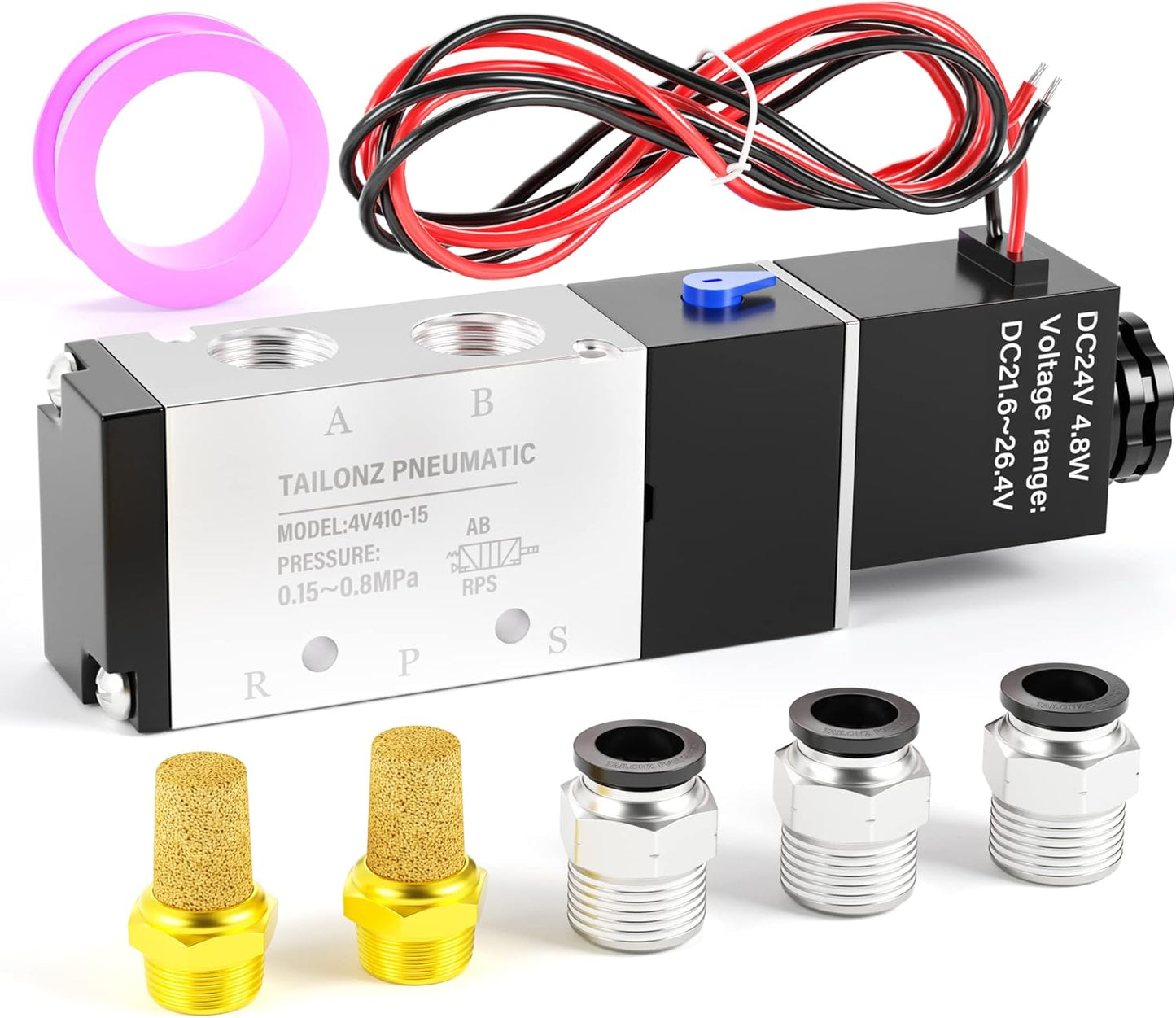 TAILONZ PNEUMATIC 1/2"NPT Solenoid Valve 4V410-15 12V/24V/110V/220V Single Coil Pilot-Operated Electric 2 Position 5 Way Connection Type
