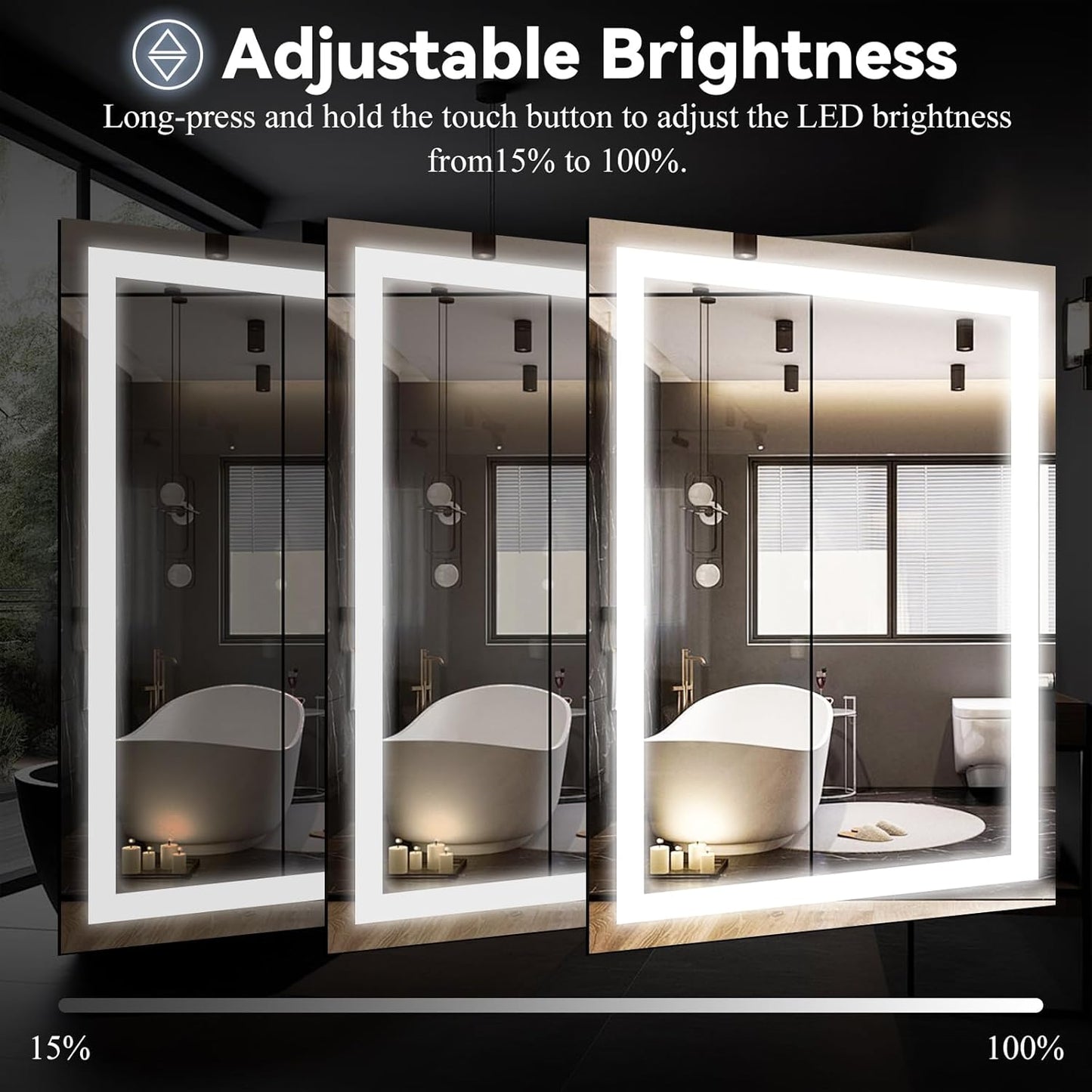 VooBang LED Bathroom Mirror 26 x 38 inches - 3 Adjustable Lighting Modes Lighted Smart Bathroom Vanity Mirror, Anti-Fog, Memory Function, Tempered Glass, Wall Mounted Horizontally Vertically