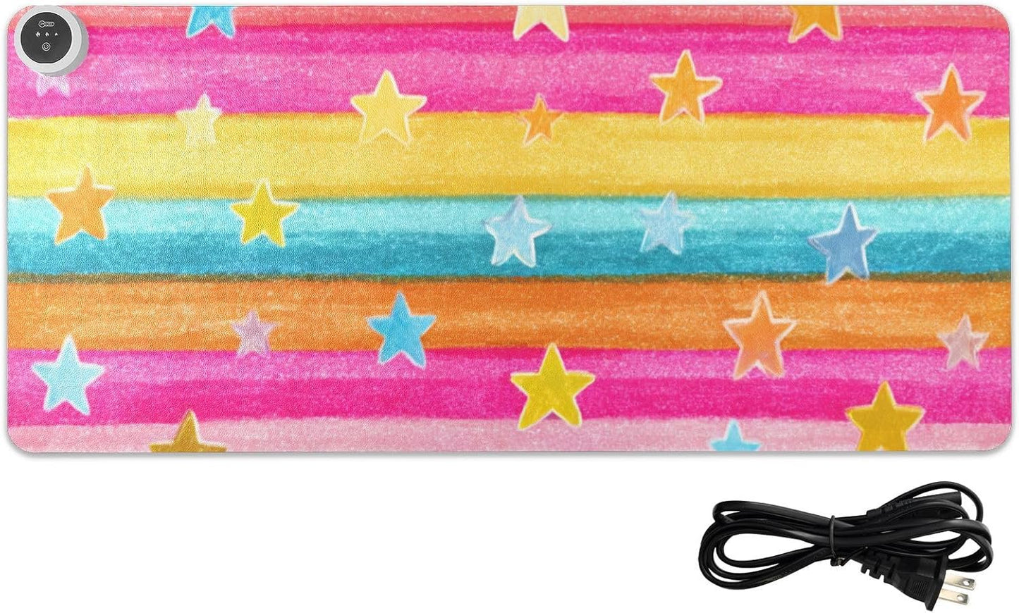 Heated Desk Pad Mouse Pad 31.5x13 Inch PU Leather Desk Mat with 3 Heat Levels Large Mouse Gaming Computer Laptop Mat Bright Rainbow Striped Stars