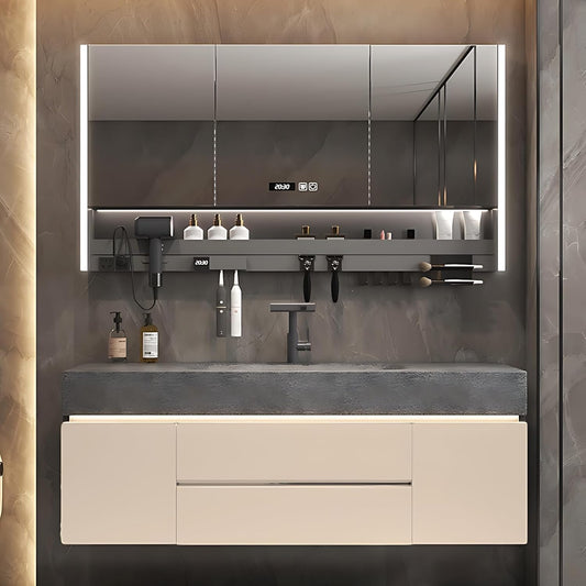 56IN Modern Bathroom Vanity – Cabinet Set with LED Smart Defogging Mirror & Time Display | Bathroom Vanity with Sink, Large Space Storage with Easy Installation, 2 Drawers, Cream
