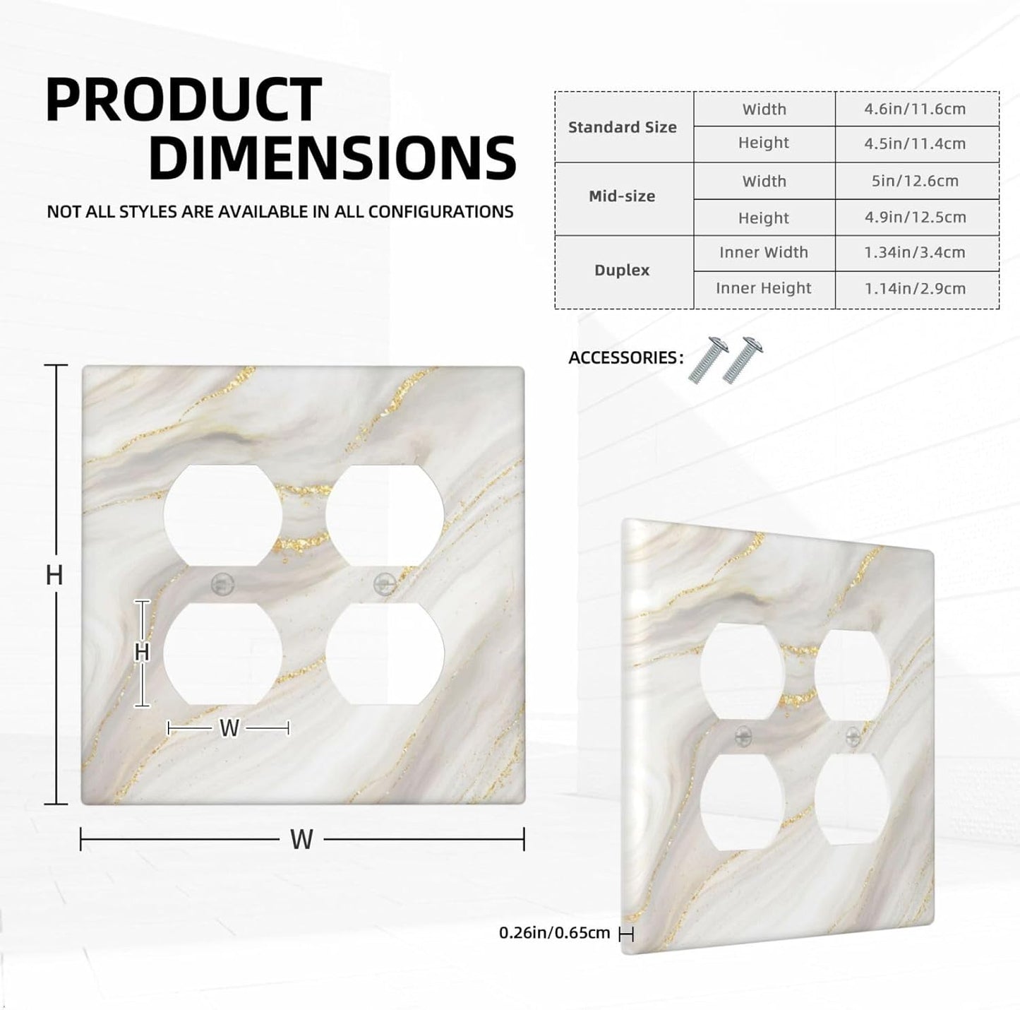 White Grey Gold Marble Simple Tiles Outlet Covers 2 Gang Double Duplex Decorative Light Switch Covers Electrical Wallplates Socket Faceplate for Bathroom Kitchen Decor