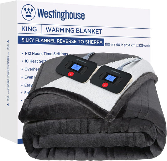 Westinghouse Electric Blanket King, Heated Blanket King Size with 10 Heating Levels and 1 to 12 Hours Heating Time Settings, Flannel to Sherpa Reversible, Machine Washable (90" x 100", Charcoal)