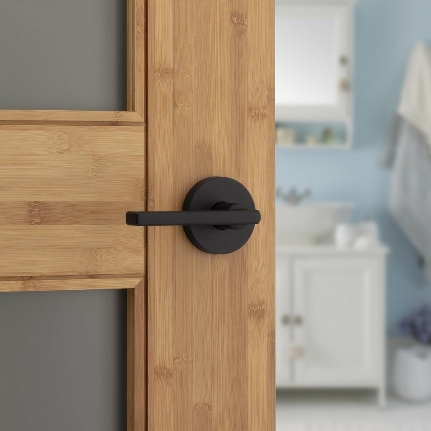 Kwikset Halifax Interior Privacy Door Handle with Lock, Round Lever for Bathroom and Bedroom, Matte Black Reversible Keyless Push Button Lock Door Lever, with Microban Protection