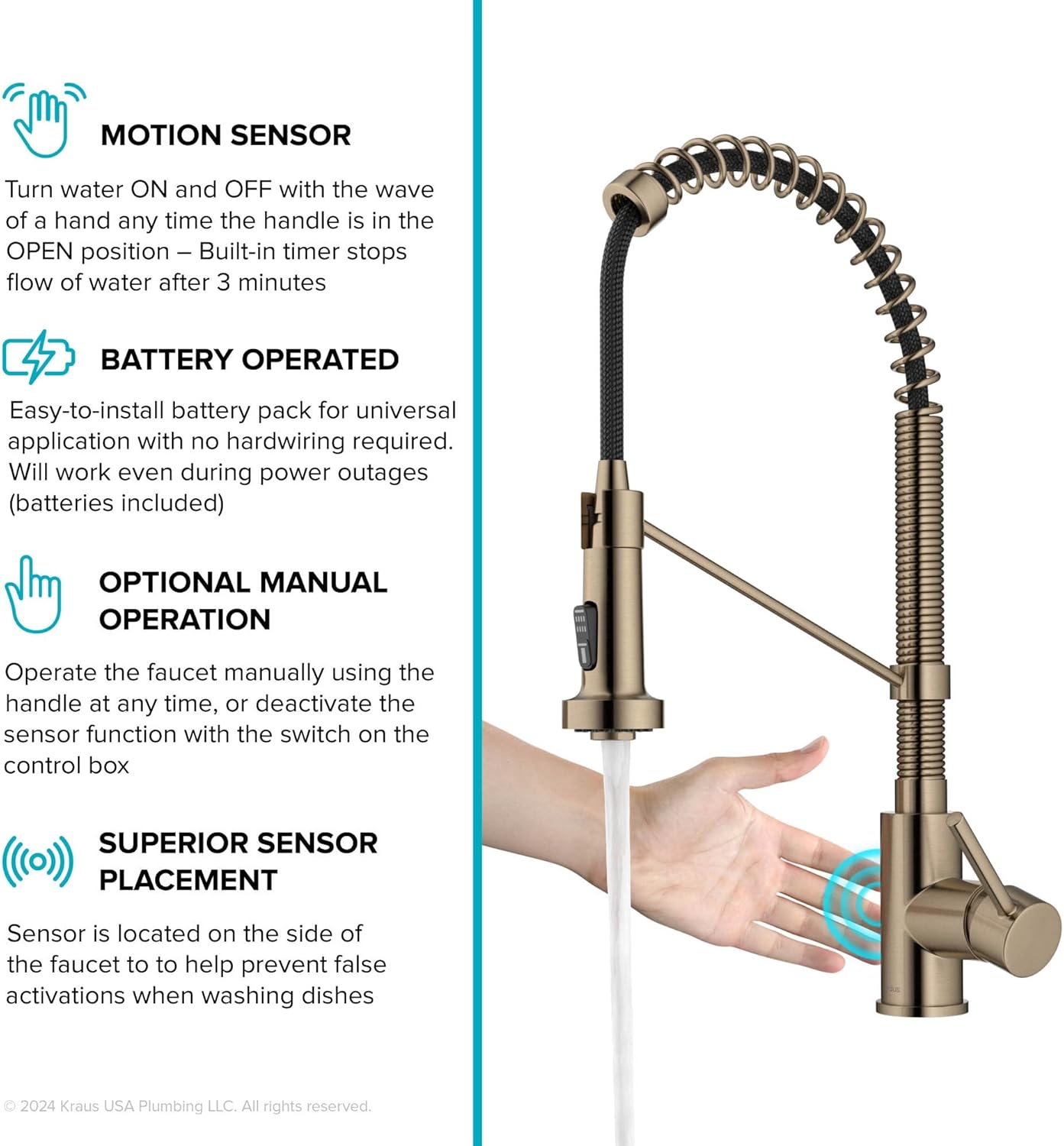 KRAUS Bolden Touchless Sensor Commercial Style 2-Function Single Handle Pull Down Kitchen Faucet in Spot-Free Antique Champagne Bronze, KSF-1610SFACB