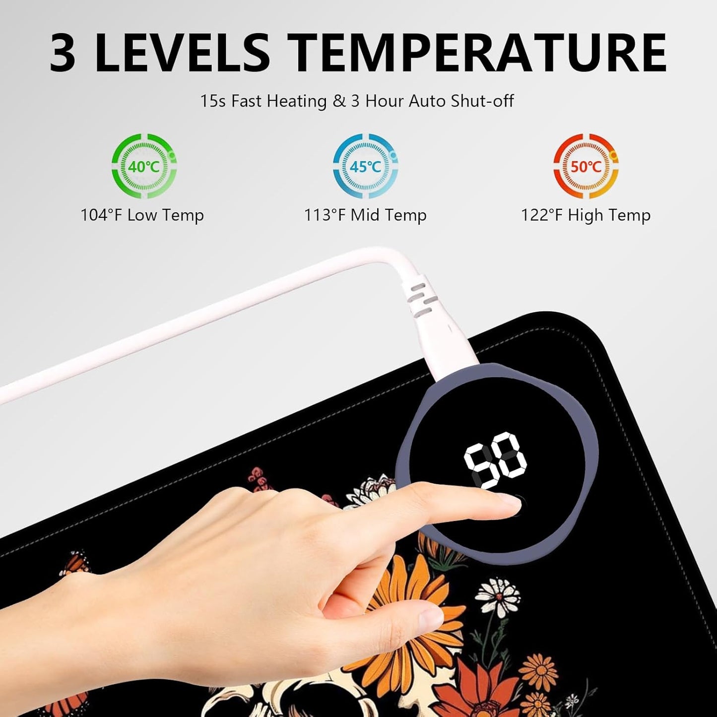 Heated Mouse Pad with 3 Levels Heated & 3 Hours Auto Shut-Off Mouse Pad for Warming Hands in Office Home, 23.6" x 14.2"Large Safe Desk Mat Hand Warmer，Art Skull