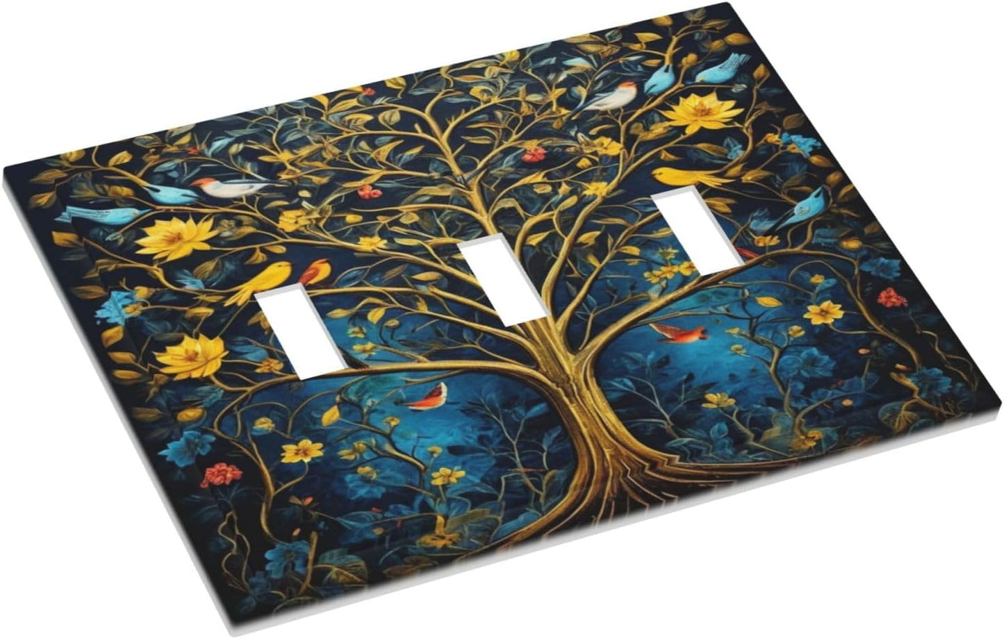 Gold Tree With Birds Flowers on Branches Light Switch Covers 3 Gang Triple Toggle Wall Plate Decorative Switchplate Electrical Faceplate for Farmhouse Living Decor