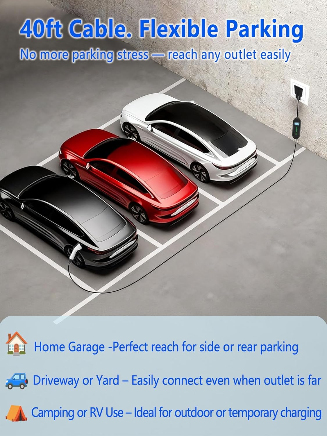 40Ft Cord EV Charger, 16Amp 110V/240V Portable Level 1 Level 2 Electric Vehicle Charging Station with NEMA 6-20 Plug & NEMA 5-15 Adapter for J1772 Electric Cars