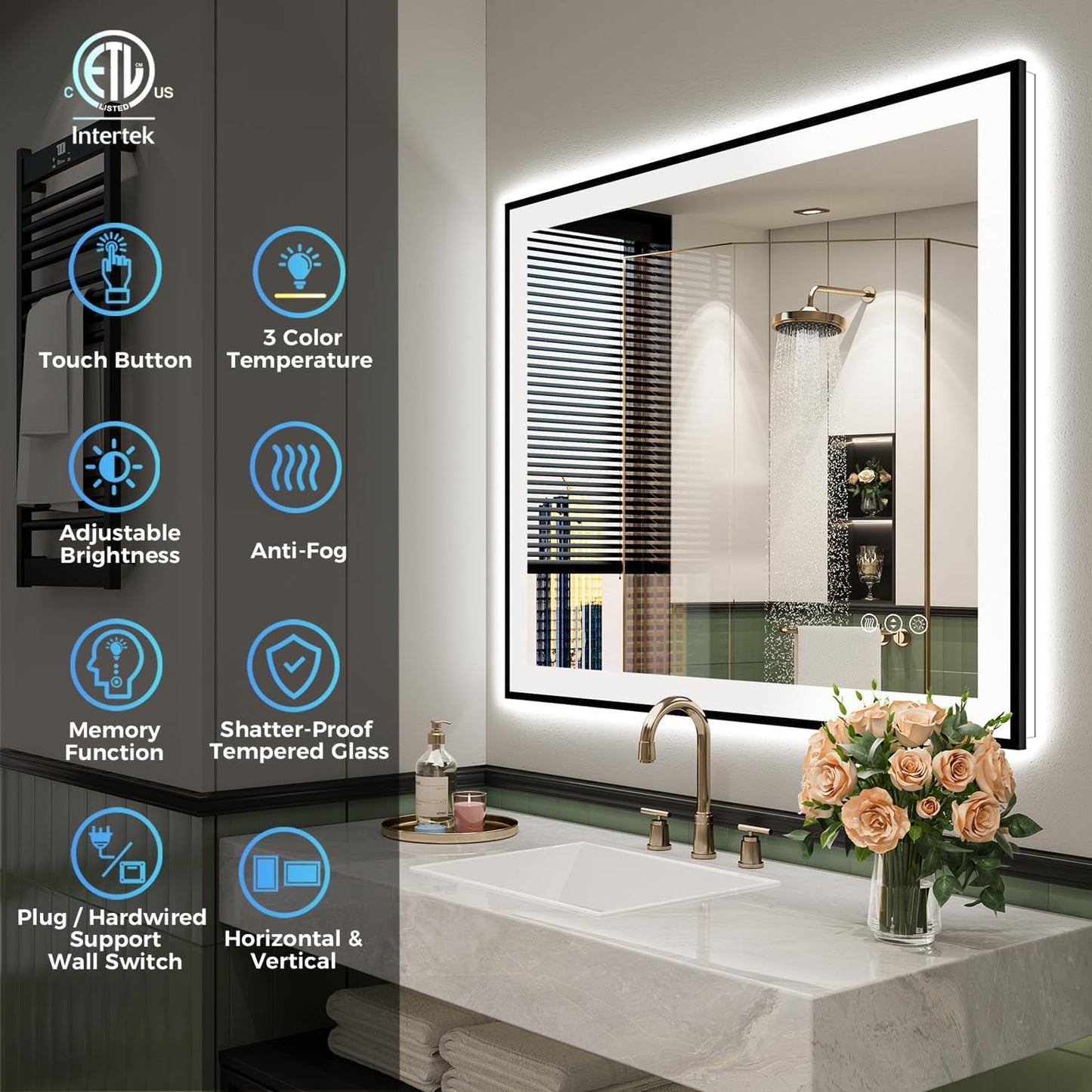 36x36 Inch LED Bathroom Mirror with Lights (Front Lit and Backlit) Black Framed Lighted Vanity Mirror for Bathroom Wall Dimmable Anti-Fog Memory Tempered Glass Horizontal/Vertical
