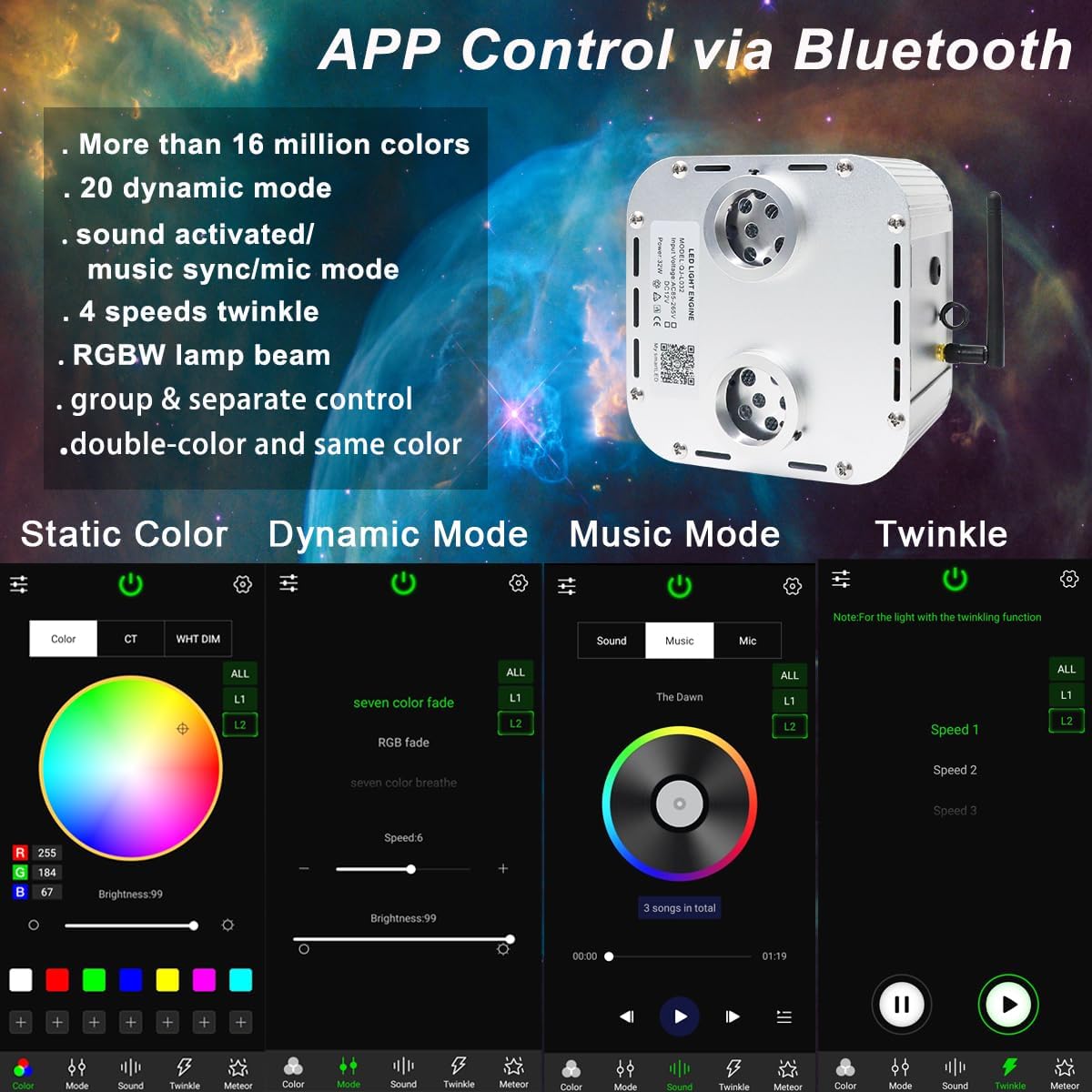 AZIMOM Dual Color 32W High Brightness Twinkle Fiber Optic Light Source RGBW Light Box Engine Diver Music Sensor Mode Bluetooth/RF Control for Home Star Ceiling Light Effect Decor