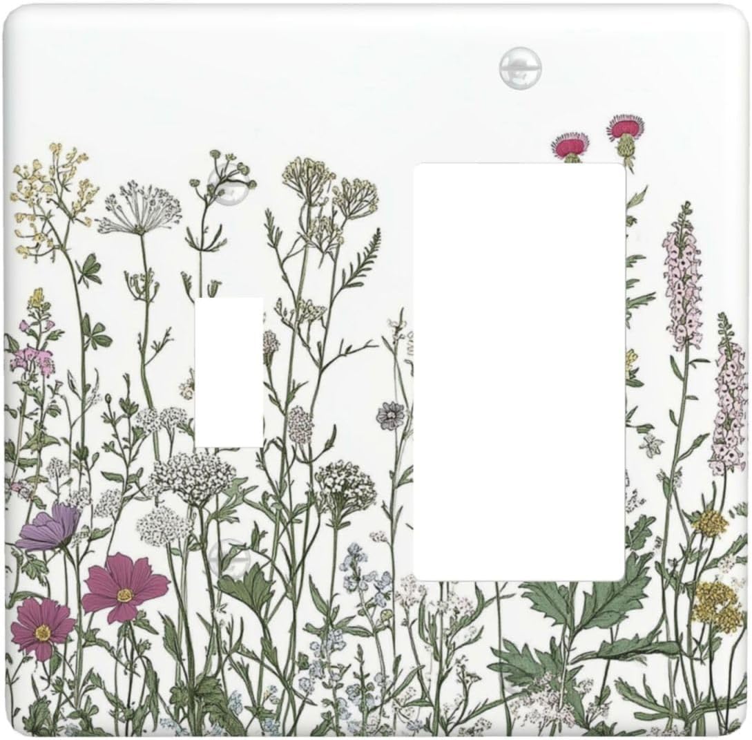 Vintage Herbs Wildflowers Plant Floral Outlet Covers 1 Toggle 1 Rocker Combination Decorative Wall Plate Electrical Switch Plates Light Switch Cover Plate For Bed Room Home Decor