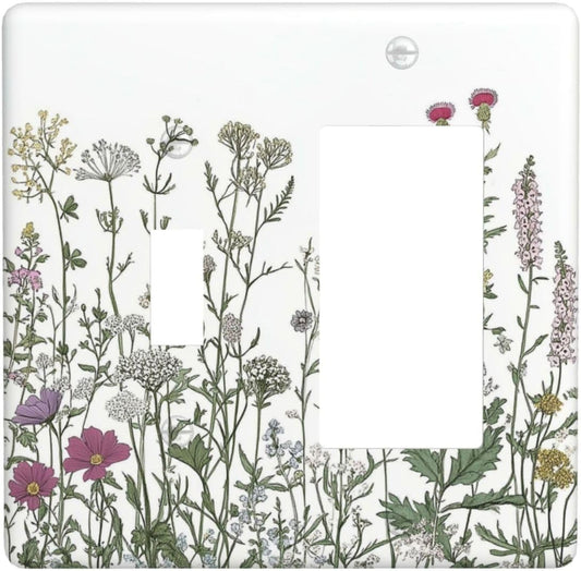 Vintage Herbs Wildflowers Plant Floral Outlet Covers 1 Toggle 1 Rocker Combination Decorative Wall Plate Electrical Switch Plates Light Switch Cover Plate For Bed Room Home Decor