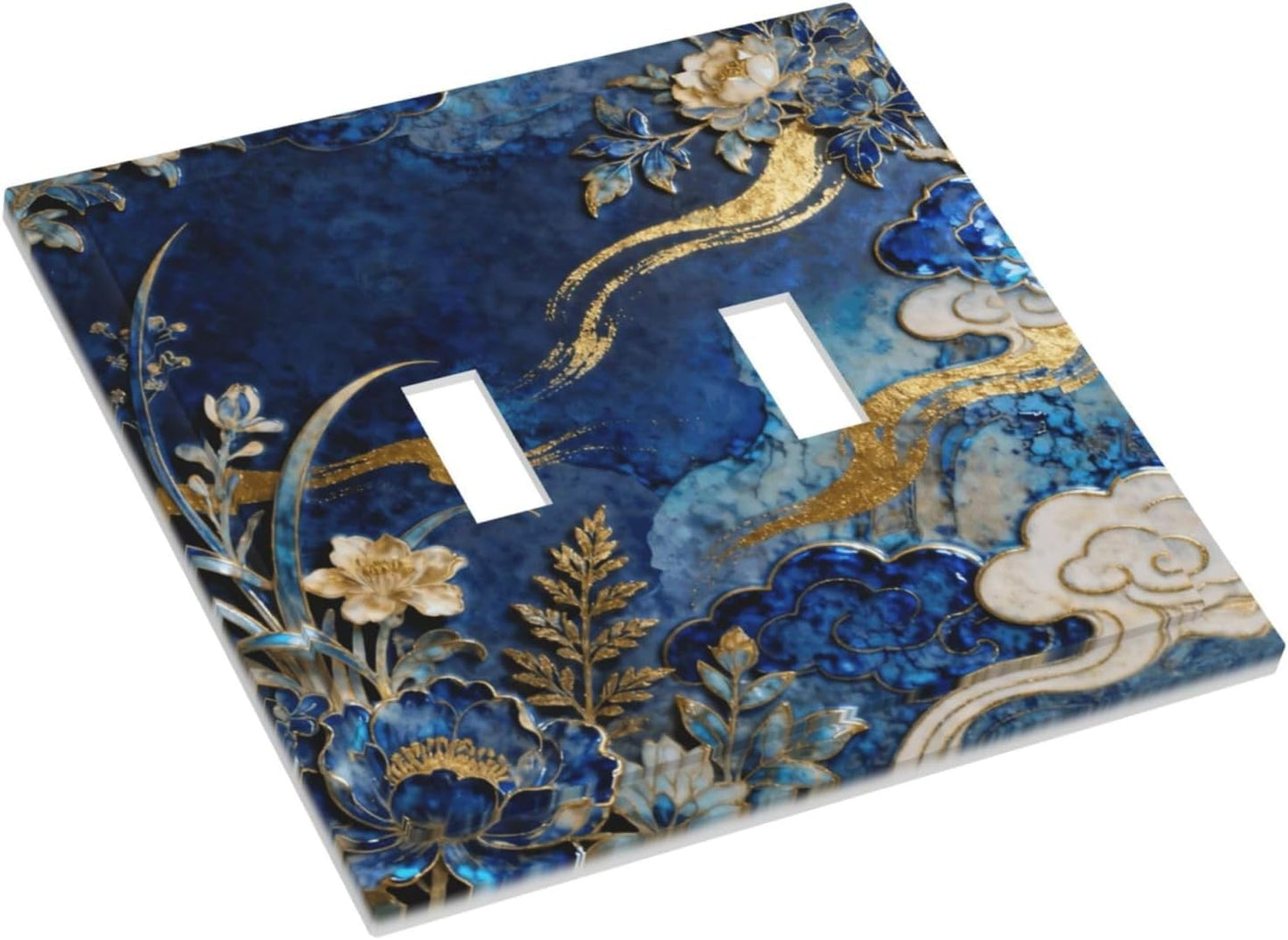 Decorative Light Switch Cover Plate Blue White Flower Gold Line Cloud 2 Gang Outlet Covers Double Toggle Wall Plates for Electrical Outlets Switch Plate Covers Faceplate for Home Decor