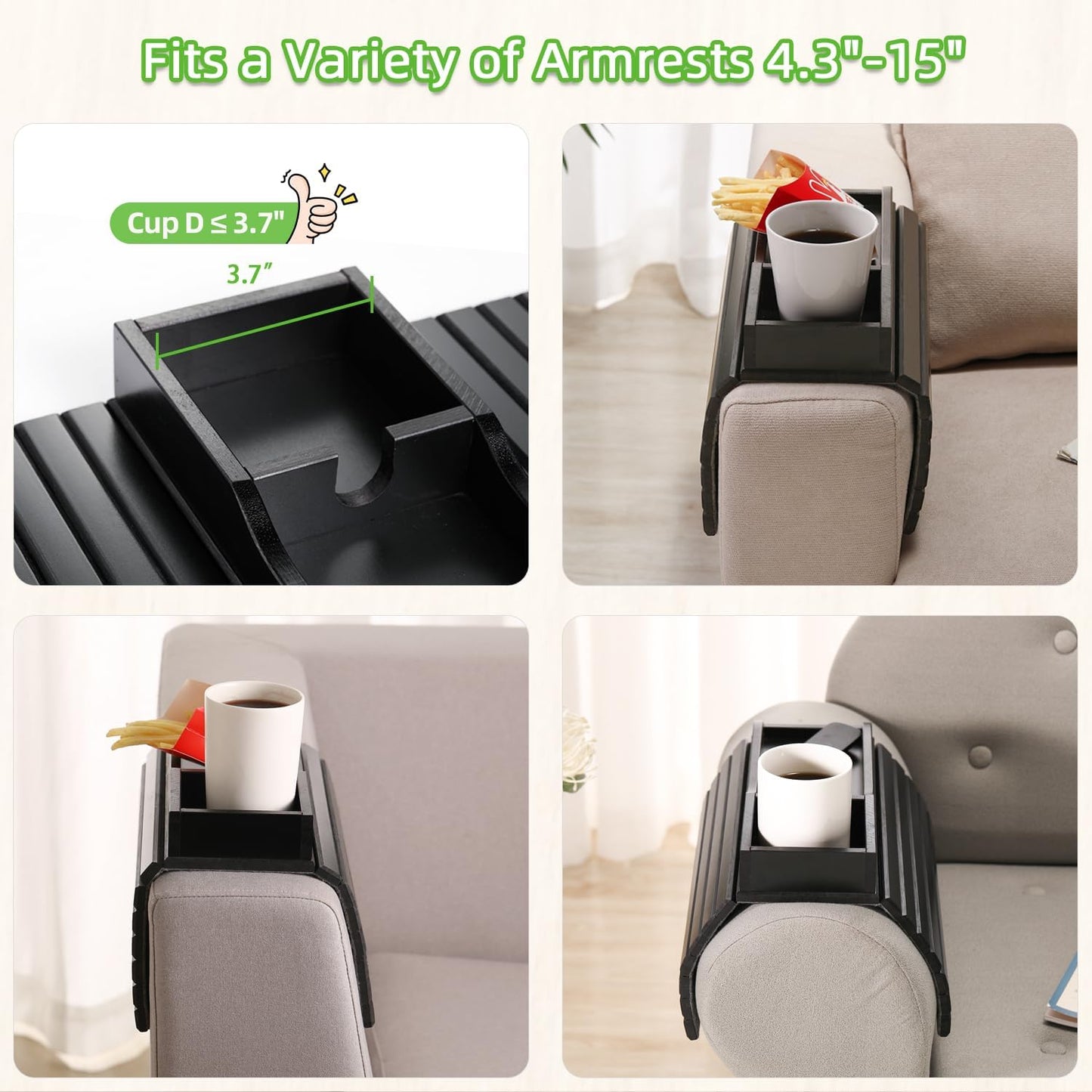 GEHE Couch Cup Holder, Anti Falling Sofa Arm Tray, Natural Bamboo Sofa Cup Holder More Safe for You Family, Portable Couch Arm Tray Armrest Table for Remote, Snacks, Phone, Drinks