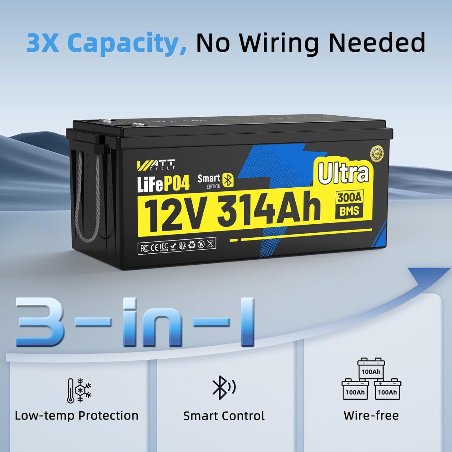 WattCycle 12V 314Ah Lithium Battery, LiFePO₄ Battery 12V 300A BMS, Lithium RV Batteries Built-in Bluetooth, IP65 Marine Batteries, Perfect for Home Energy Storage, RV, Marine, Solar, Off-Grid