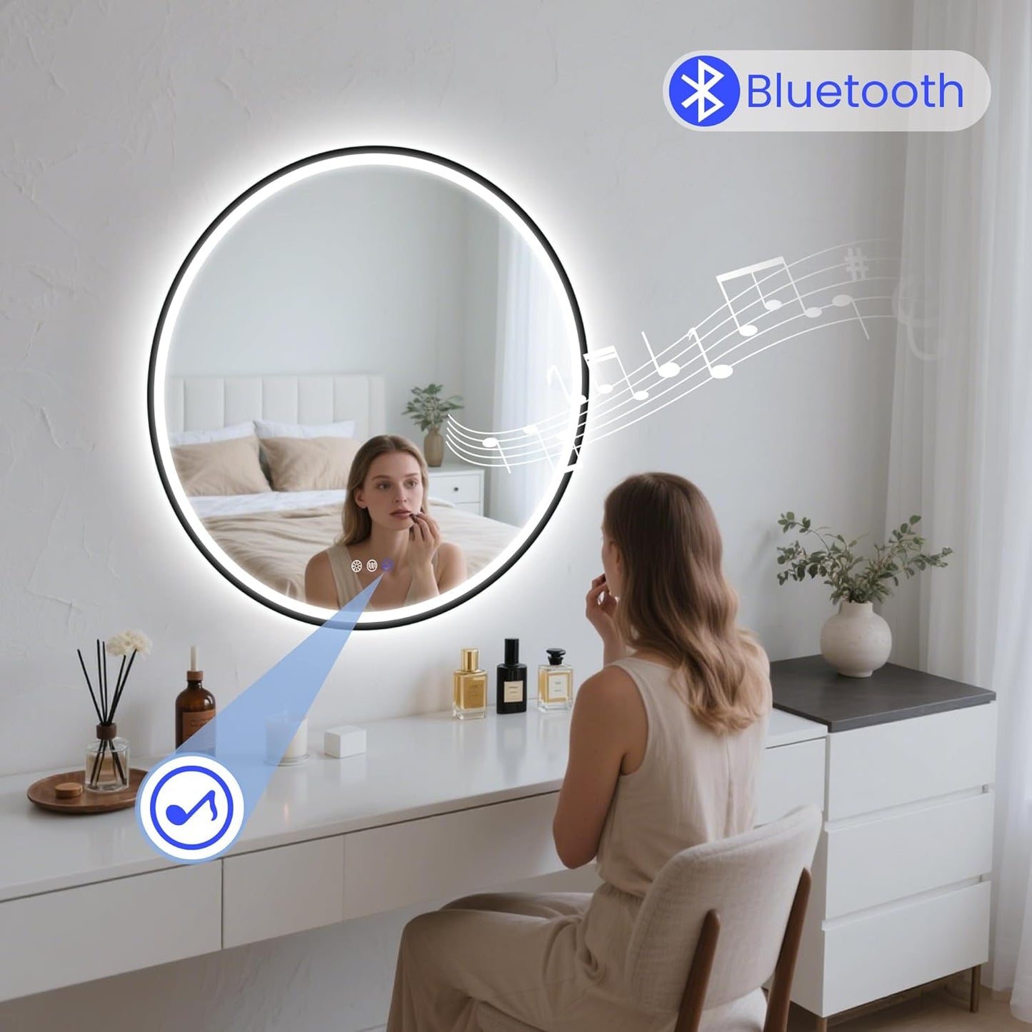 STARLEAD 32" LED-Bathroom-Mirror-with-Lights, Wall-Mounted with Bluetooth, Anti-Fog, 3 Color Temperature Dimmable Brightness, Waterproof, Tempered Glass, Frontlit & Backlit, Black Frameless Round