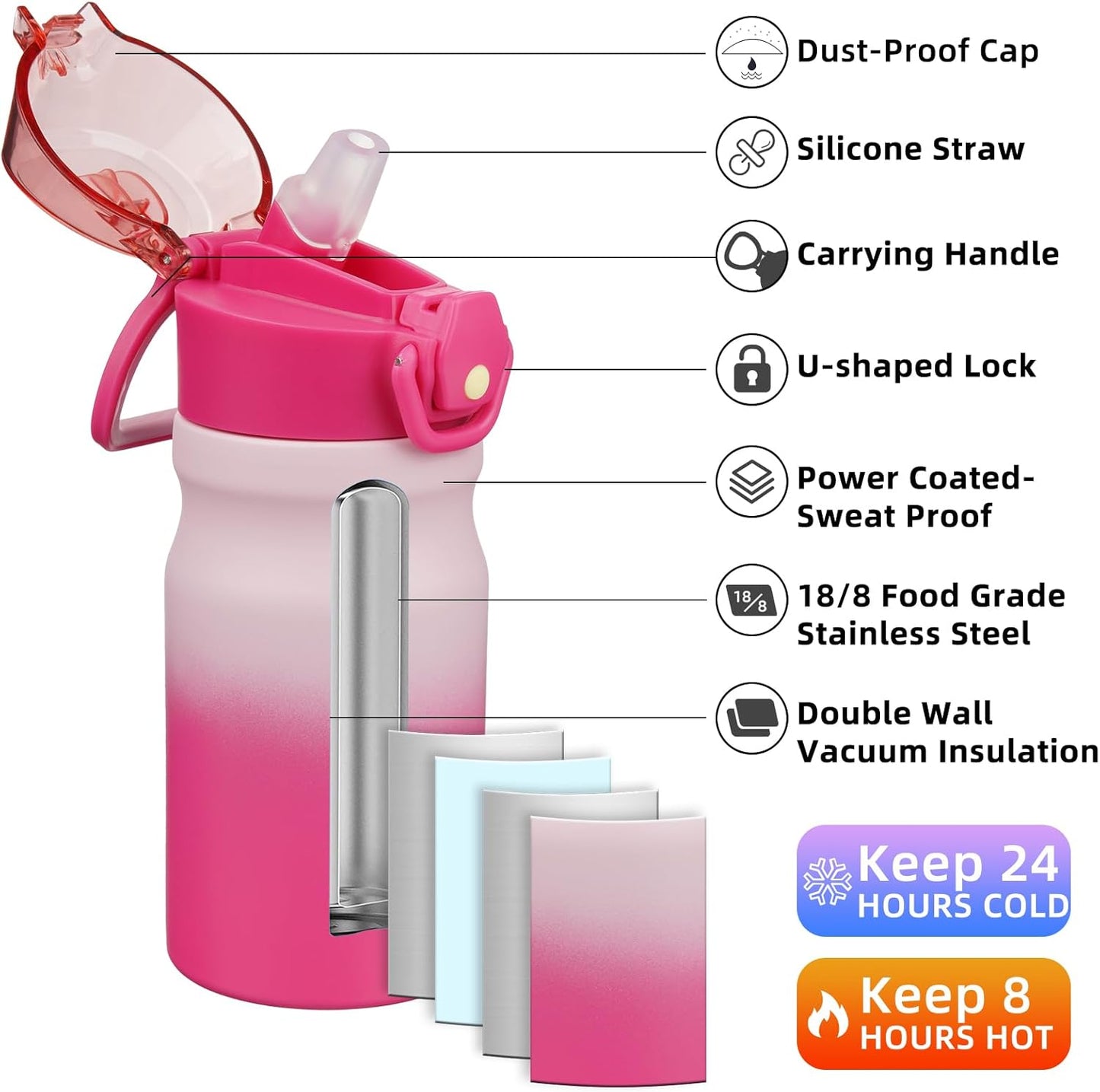 BJPKPK Insulated Water Bottle 14oz Stainless Steel Water Bottles with Straw and Carry Handle Double Wall Metal Thermal Flask,Cherry Blossom
