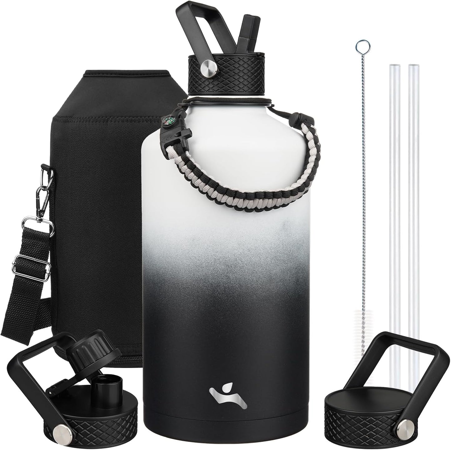 Gallon Insulated Water Bottle with Straw,128 oz 3 Lids Water Jug with Carrying Bag,Paracord Handle, Double Wall Vacuum Stainless Steel Metal Flask,Day Night