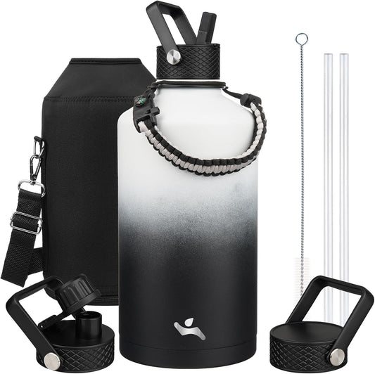 Gallon Insulated Water Bottle with Straw,128 oz 3 Lids Water Jug with Carrying Bag,Paracord Handle, Double Wall Vacuum Stainless Steel Metal Flask,Day Night