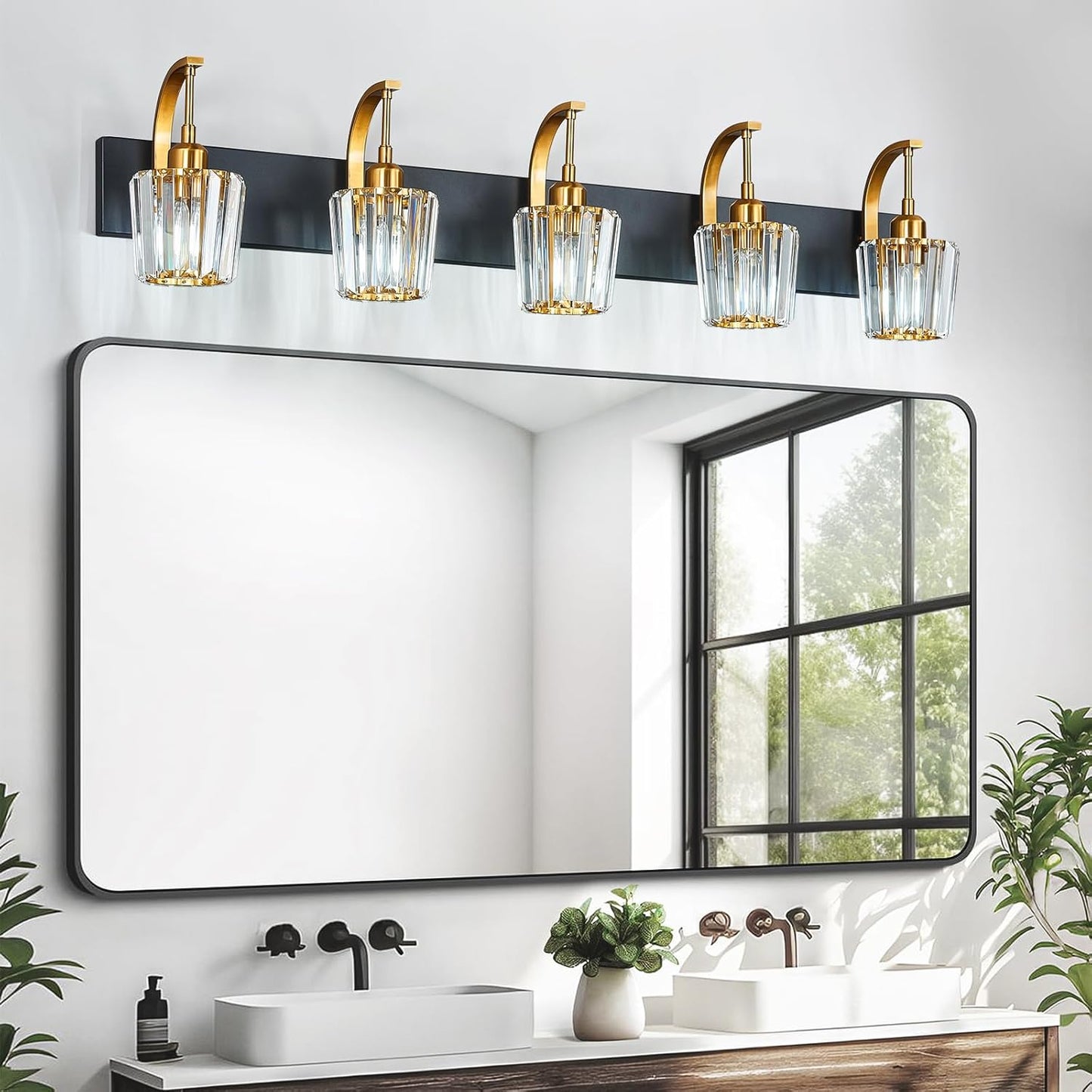 Modern Bathroom Vanity Light, 5-Light Black Gold Wall Sconce with Crystal Accents, Over Mirror Bathroom Lighting Fixture, 42.52" Long Dimmable Vanity Lamp for Makeup, Easy Installation