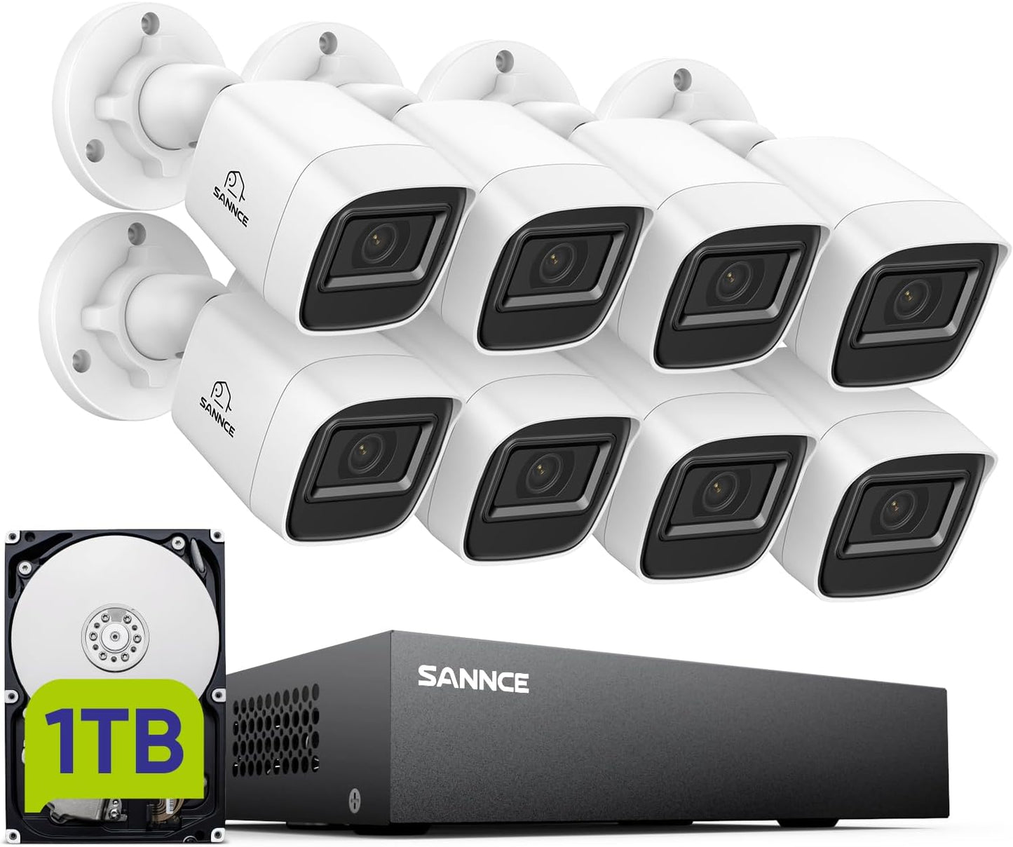 SANNCE 1080P Wired Security Camera System, CCTV 8 Channel 5-in-1 DVR with 1TB Hard Drive and 8Pcs Outdoor Day/Night Surveillance Cameras, Easy Remote Access, Motion Detection, 100ft Night Vision
