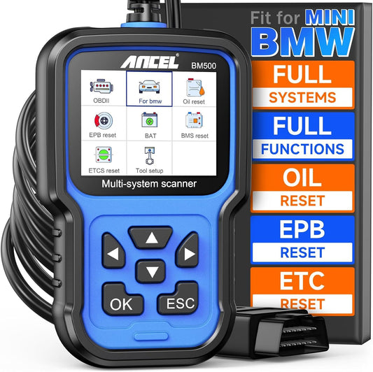 ANCEL BM500 Battery Registration Tool Fits for BMW Mini - All Systems OBD2 Scanner with Engine, ABS, SRS, ESP, SAS System Diagnosis, Car Code Reader for CBS, EPB, ETC, BMS, PCM, Oil Reset