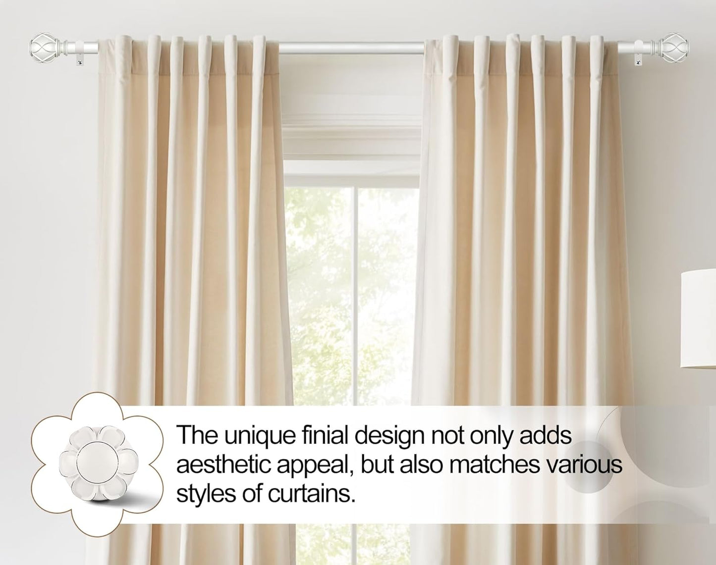 KAMANINA White Curtain Rods for Windows 72 to 144 Inches (6-12ft) Long Heavy Duty Curtain Rod, 7/8 Inch Adjustable Drapery Rods with Decorative Netted Texture Finials