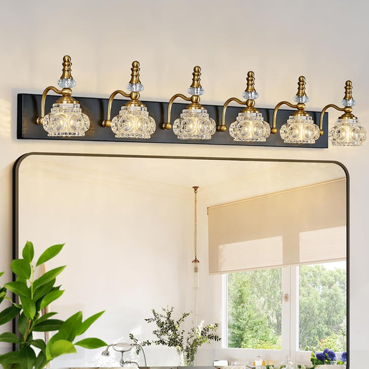 6-Light Vintage Bathroom Vanity Light Fixture Industrial Black Gold with Glass Shade Vanity Light Fixtures Over Mirror Glass Bathroom Vanity Lighting Fixtures G9 Bulb Wall Lights