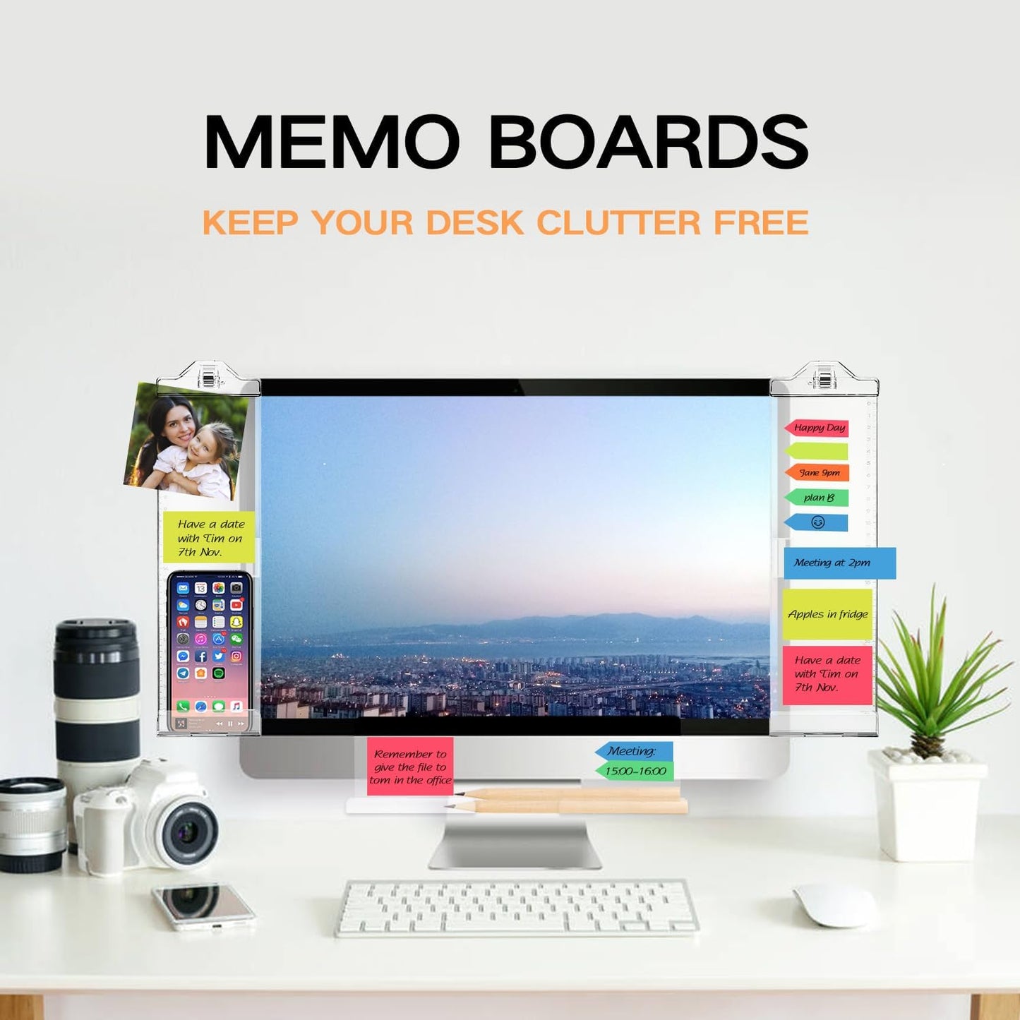 Monitor Memo Boards for Computer, Upgrade Transparent 3 PCS (Left & Right & Bottom) Multifunction Screen Message Reminder Pad Side Panel Phone Holder Organizer for Office Desktop, with Pen Sticky Note