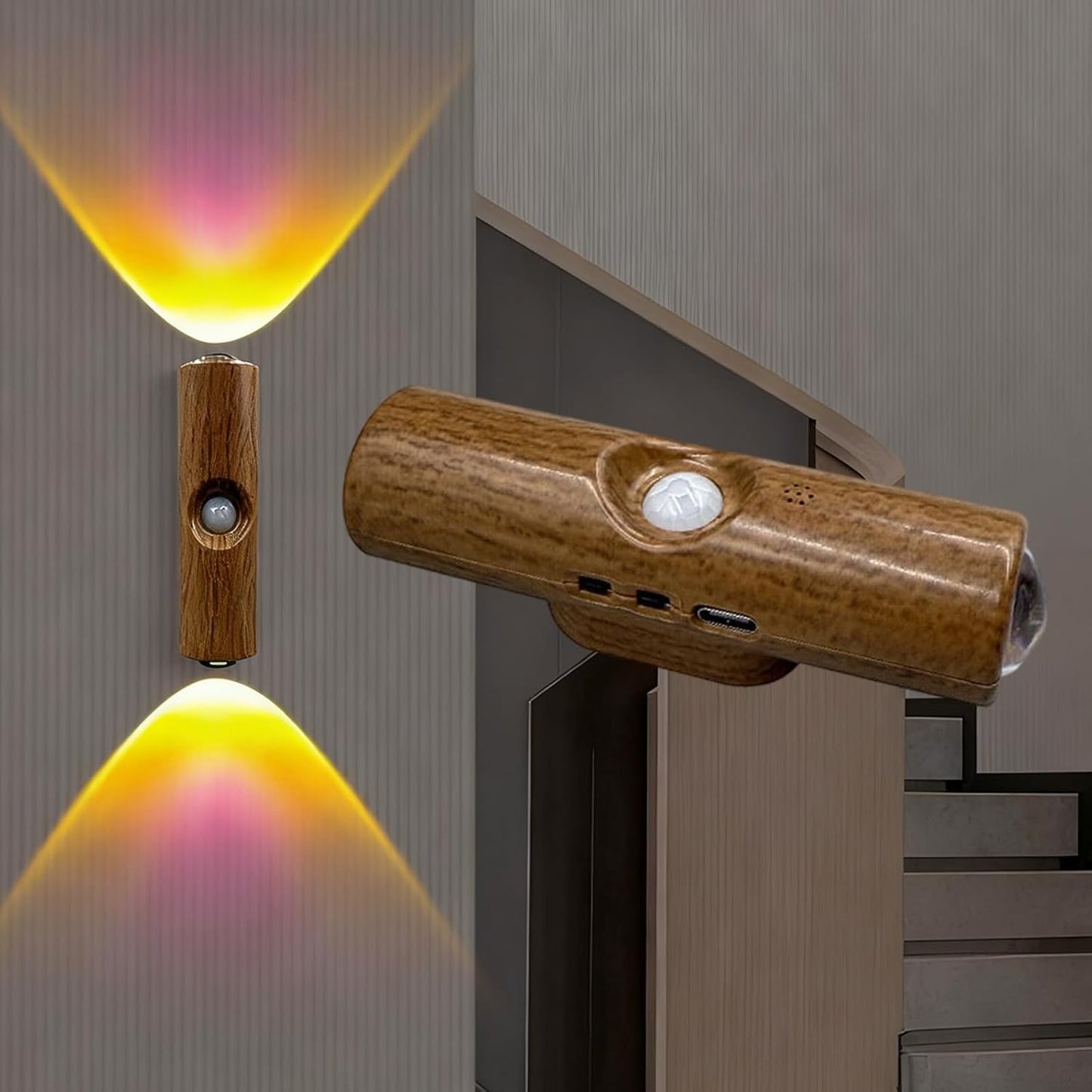 Rechargeable Smart LED Motion Sensor Ambient Light, Punch-Free Color Changing Motion Sensor Light for Stairs, Wardrobe, Cabinet (1Pc,Wood, 7-Color Changing)