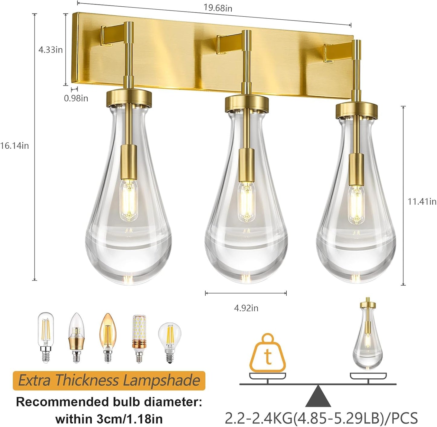Raindrop Wall Sconces Gold Crystal Sconces Wall Decor Modern Lighting Glass Bathroom Sconces Indoor Vanity Light Wall Lamp for Bedroom Living Room Stair(3-Light)