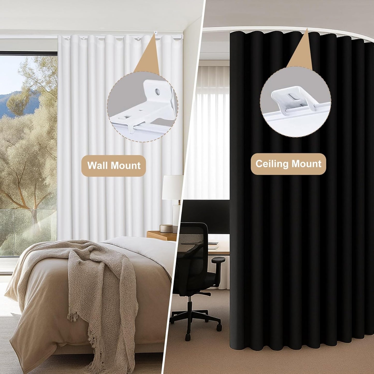 Aluminum Ceiling Curtain Track Set with Hooks Ceiling Mount and Wall Mount Room Divider Sliding Curtain Tracks Rods Flexible Heavy Duty Curtain Rail Hook Sets,White,21FT