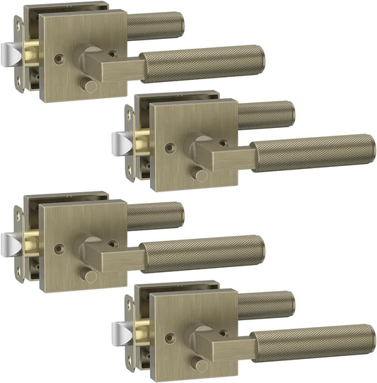 Asidrama 4 Pack Brushed Antique Brass Privacy Door Handles, Door Lever with Door Knobs Indoor for Bedroom or Bathroom, Heavy Duty Door Handles Interior with Locks for Left Right Sided Doors