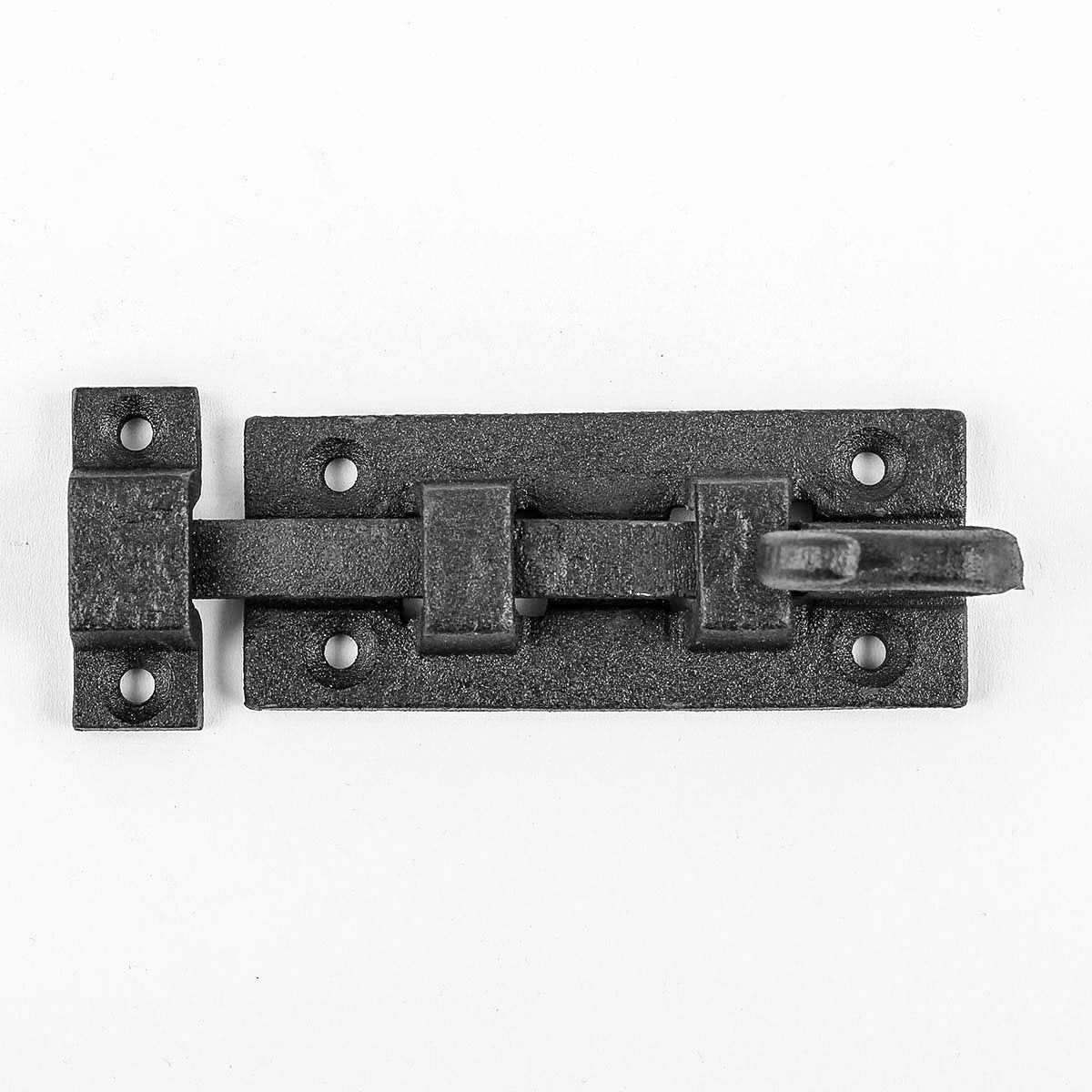 Renovators Supply Manufacturing Black Slide Bolt Door Latch 3 7/8 in. Long Wrought Iron Metal Surface Sliding Bolts with Catch for Cabinet Doors Rust Resistant Security Locks with Hardware Pack of 2