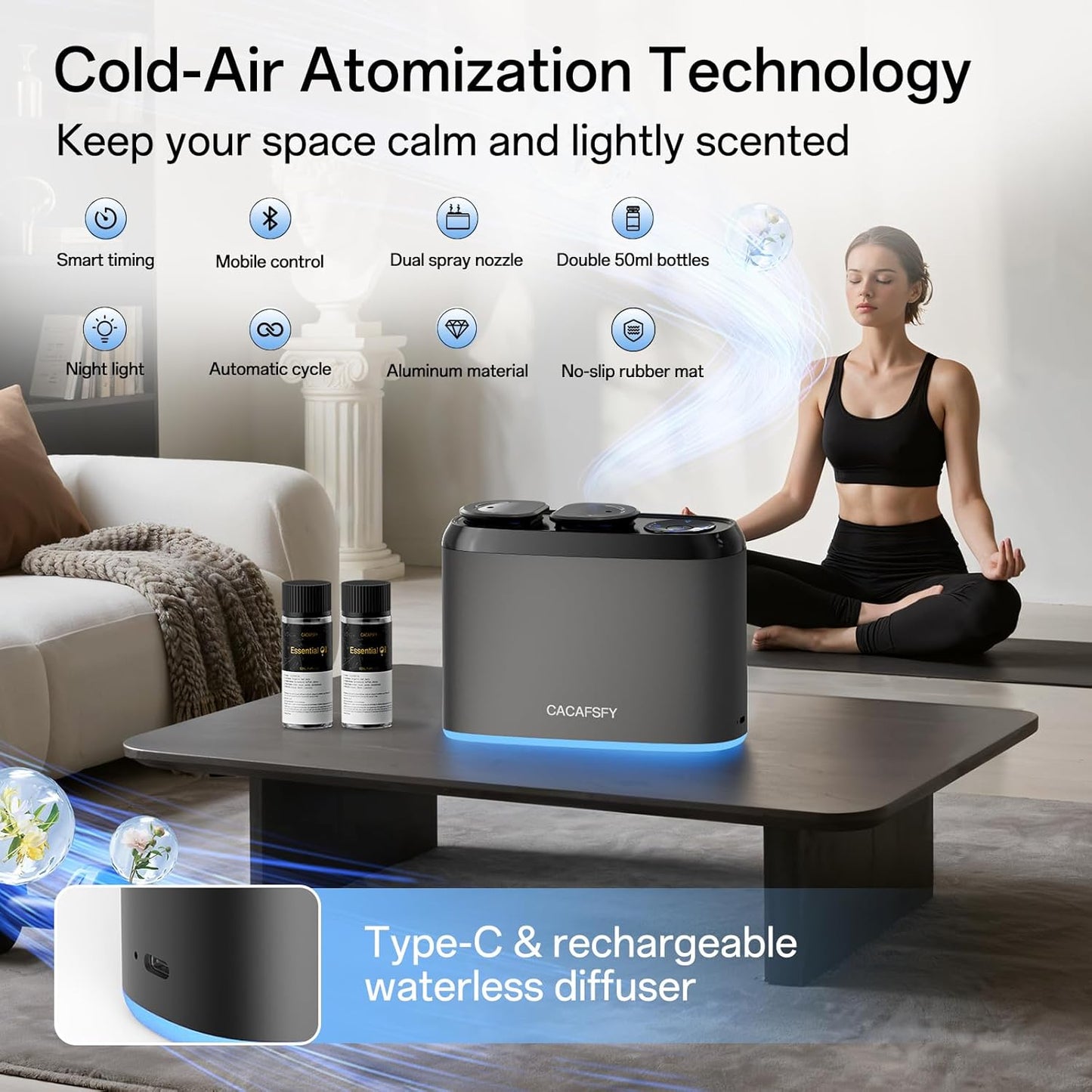 Waterless Scent Diffuser,Two 50ml Hotel Scent Oils Included-Whole House Air Freshener-Scent Diffusers for Home,Office,Essential Oil Diffuser Large Room,Smart, Cold-Air Tech,App Control