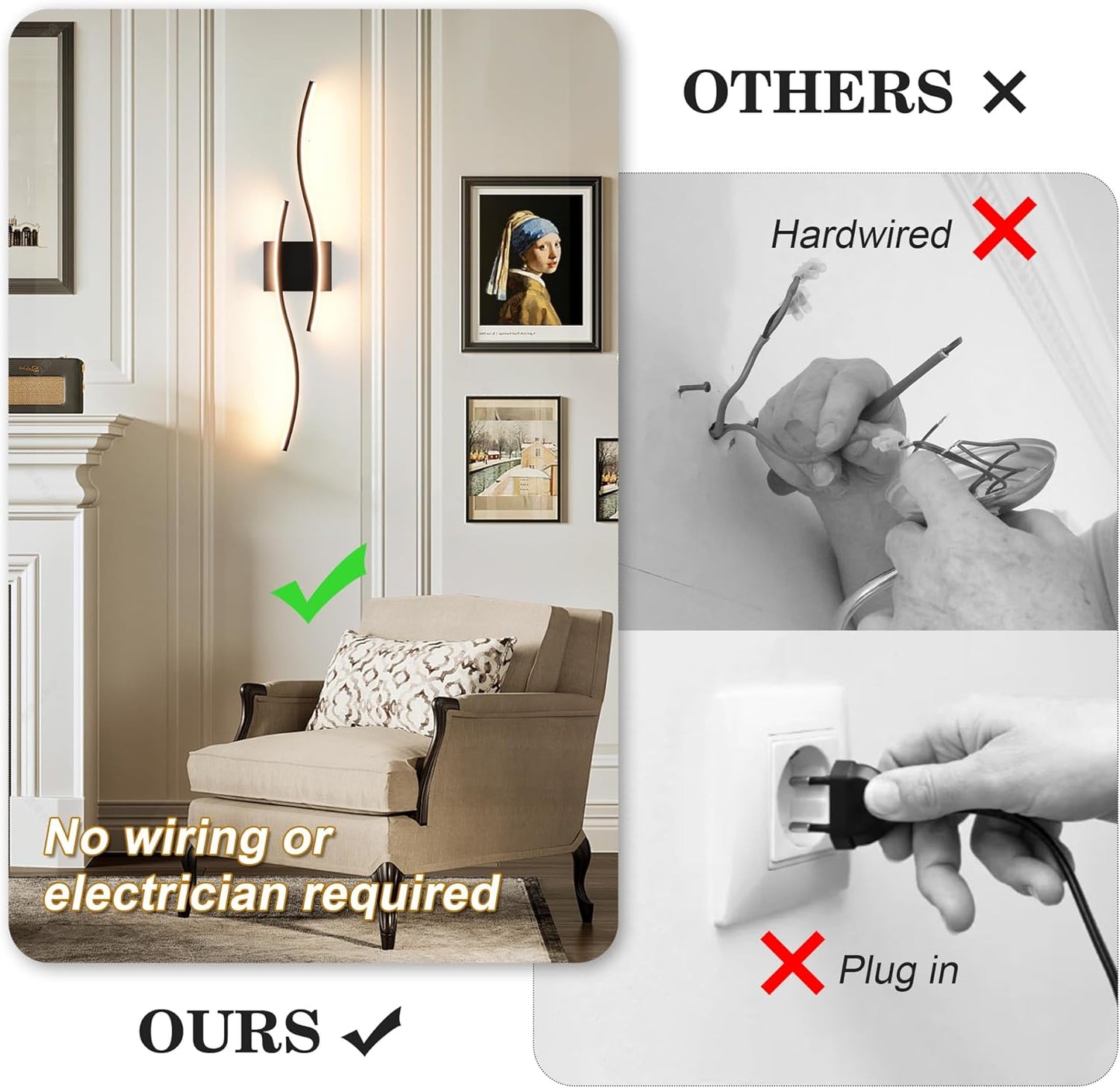 Battery Operated Wall Sconces Set of Two with Remote Control, Dimmable/3 Color/Night-Light/Timer/Memory, Black Modern Wireless LED Sconce for Living Room, Hallway, Bedroom, 27.5 Inch (2 Pack)