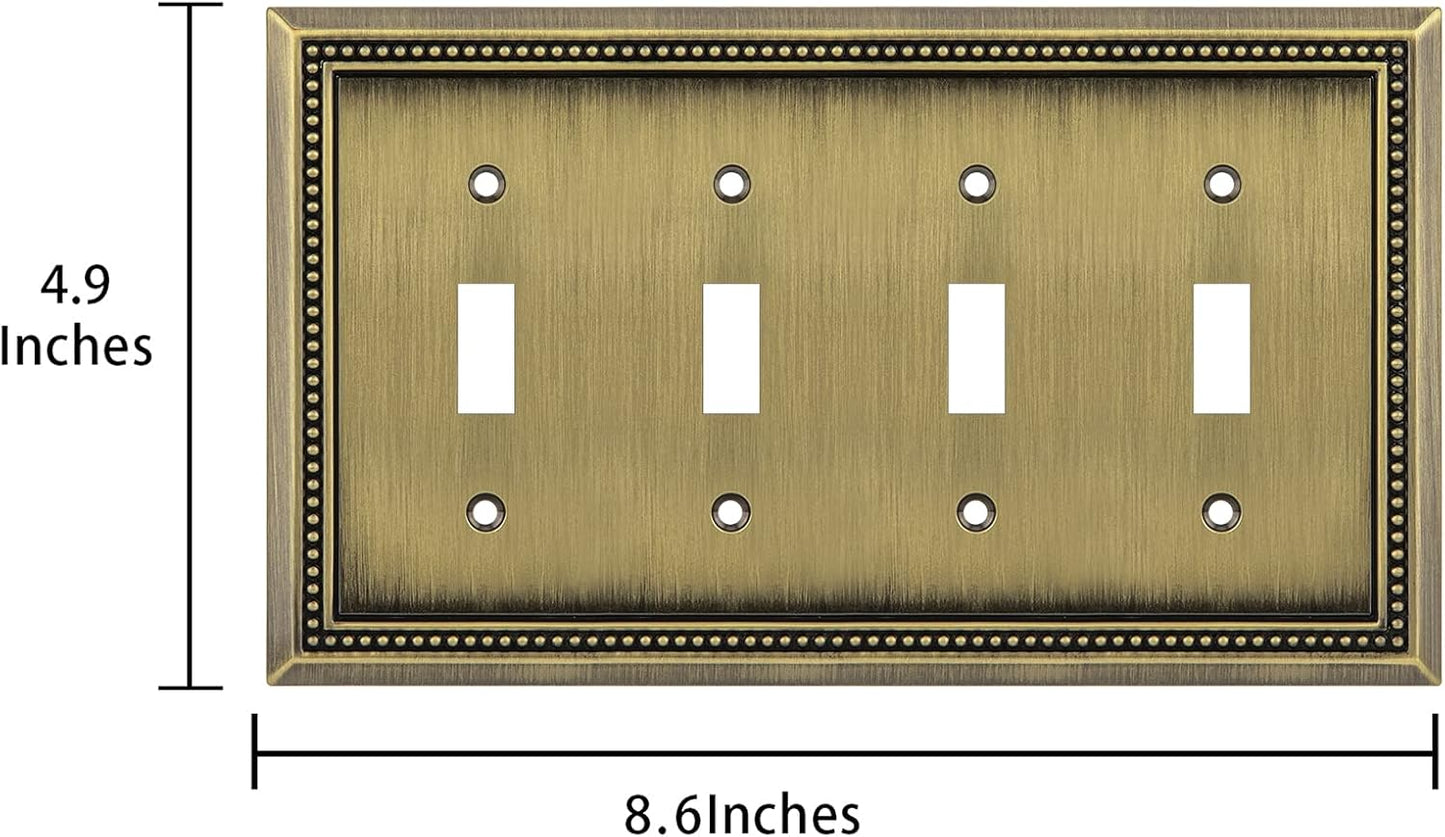 Henne Bery Sunken Pearls Heavy Duty Decorative Wall Plate Switch Plate Outlet Cover (Quad Toggle, Antique Brass)