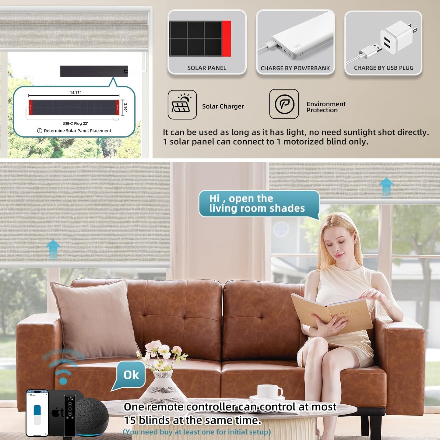 SmartWings Motorized 100% Blackout Shades Blinds, Custom Size, Cordless Window Shades with Rechargeable Battery, Works with Matter/Apple HomeKit, Alexa, Thread/Zigbee, Remote Optional, Safari Cream