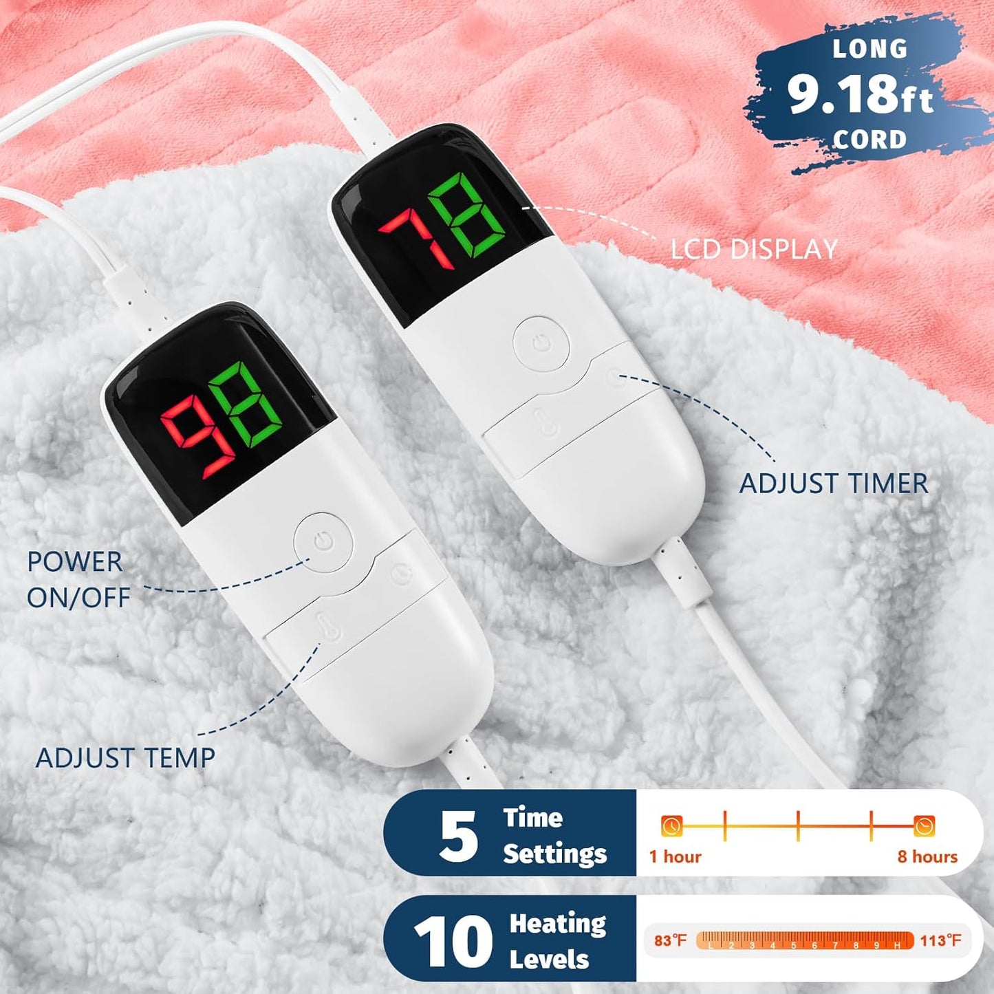 Heated Electric Blanket Queen Size - 84" x 90" Heating Blanket with Dual Control, 10 Heating Levels & 8 Hours Auto Off, Soft Warm Flannel Blanket, Christmas Birthday Gifts for Senior Grandma