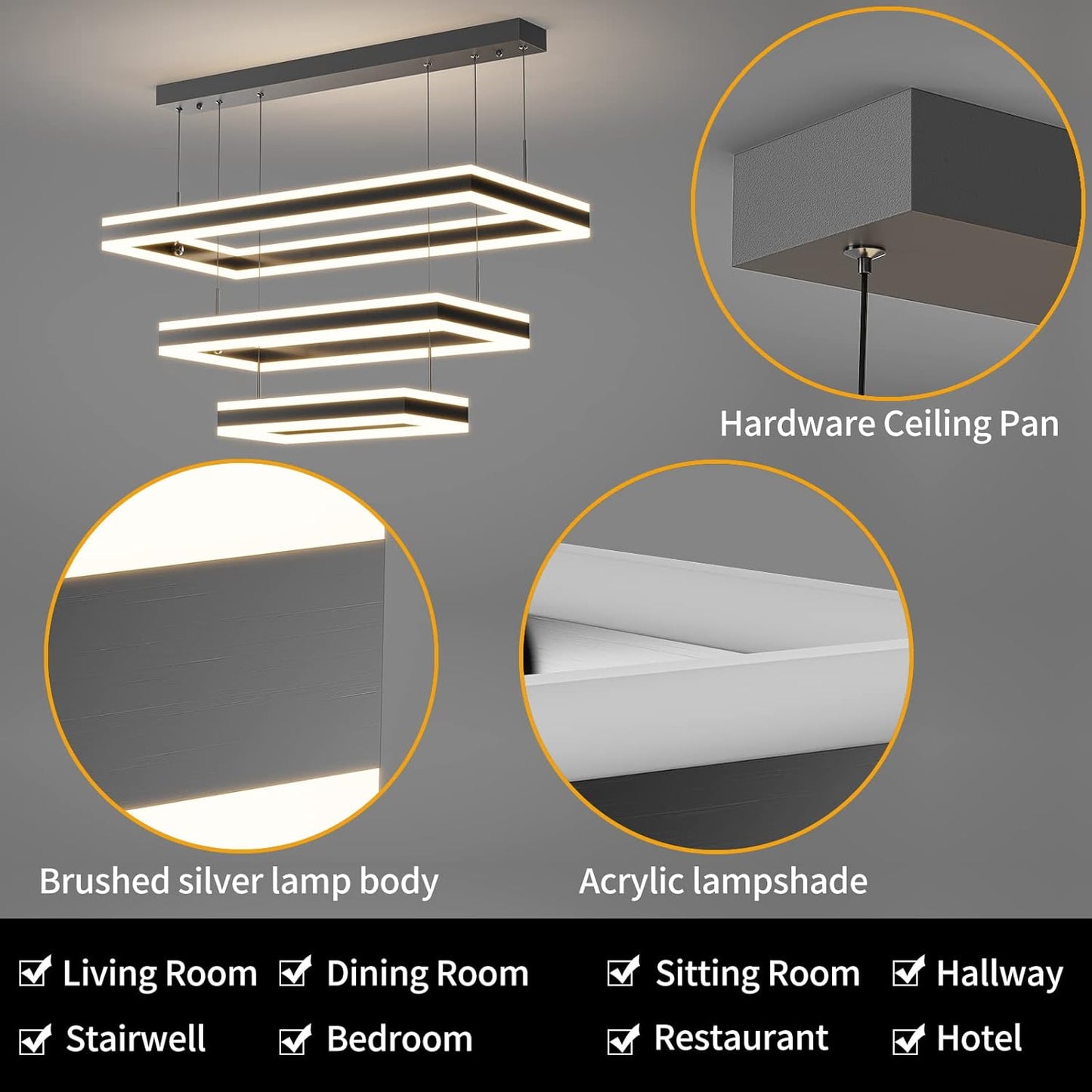 Modern Ceiling Pendant Light, LED Chandelier with Remote Control Dimmable 3 Color Mode & Brightness, Anti-Flicker Pendant Lights Kitchen Island Light Fixture for Dining Room Living Room