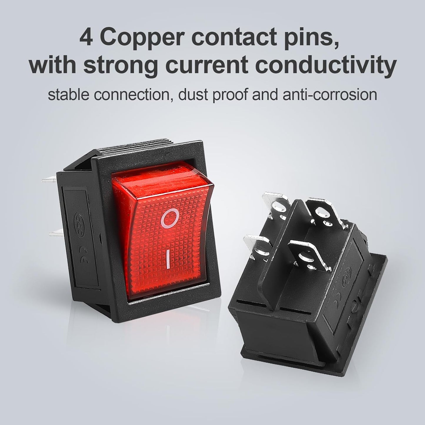 1Pcs Red LED KCD4 Boat Rocker Switch 2-Position 4-Pin DPST Panel Switch 16A 250VAC 20A 125VAC, with 6pcs FDFD2-250 Blue Terminals, CE