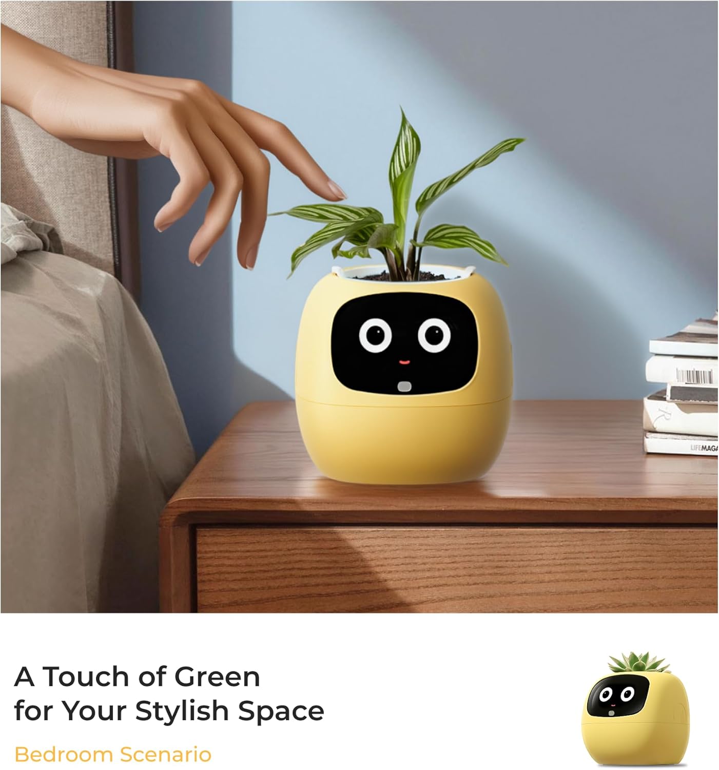 Ivy AI Smart Plant Pot with Emoji Intelligent Planter Robot for Houseplants Tamagotchi Flower Pot Stylish Plantagotchi Home Decor(Lemon)