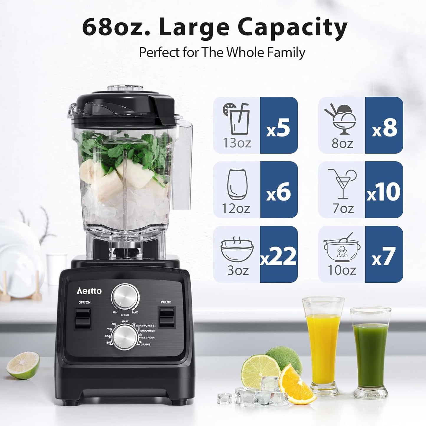 Aeitto Blenders for Kitchen with 1800W Motor, 68Oz. Large Capacity, 2-in-1 Blender & Grinder Combo, BPA-Free Countertop Professional Blender for Smoothies, Ice Crush, Frozen Drinks, Black