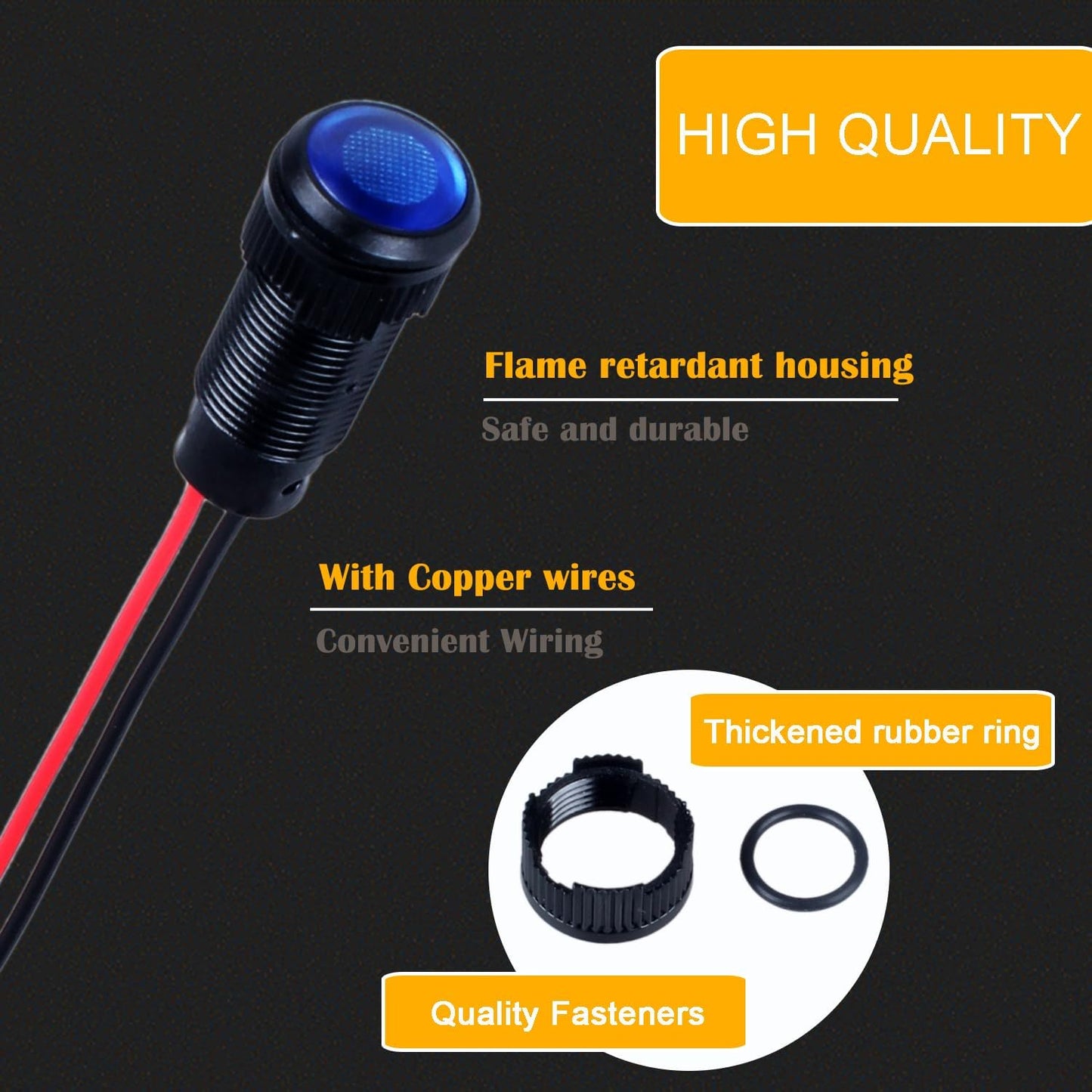 5pcs 10mm LED Indicator Light Plastic Black Signal Dot Lamp 110-220V AC 2/5" Mounting Hole Size with 15cm/5.9in. Wire (Blue LED)