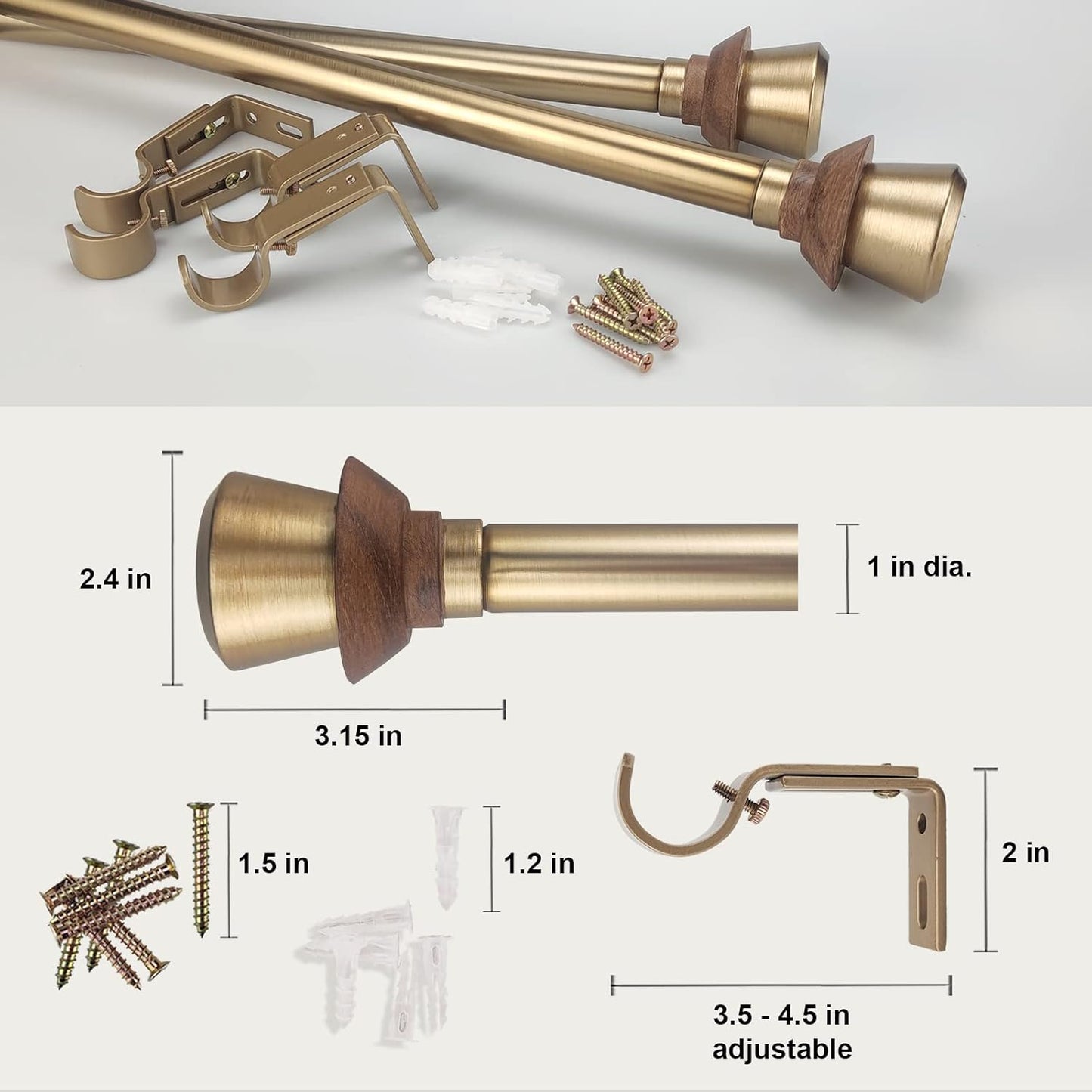 Modern Style Single Curtain Rod Set with Antique Brass Round Wood Look Finial, 36-72 in, Standard Single Whtie Drapery Rod for 1 Pack, 1 in diameter, Adjustable Length