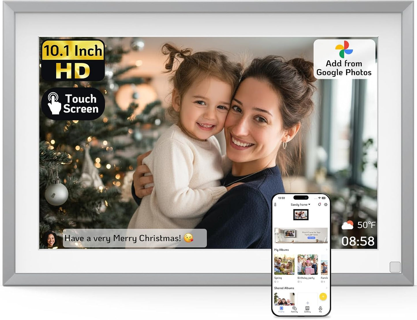 NexFoto 10.1” Digital Picture Frame 64GB, HD Touchscreen WiFi Electronic Photo Frame, Share Photos/Videos via APP/USB, Add Pics from Google Photos, Gift for Christmas/Mom/Grandparents, Silver