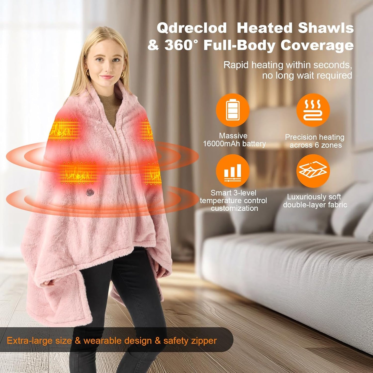 Cordless Heated Blanket Battery Operated with Fleece Lining 7.4V 16000mAh Battery Portable Wearable Heated Shawl for Women Men 6 Heating Zones 3 Fast-Heating Levels (Battery Included)